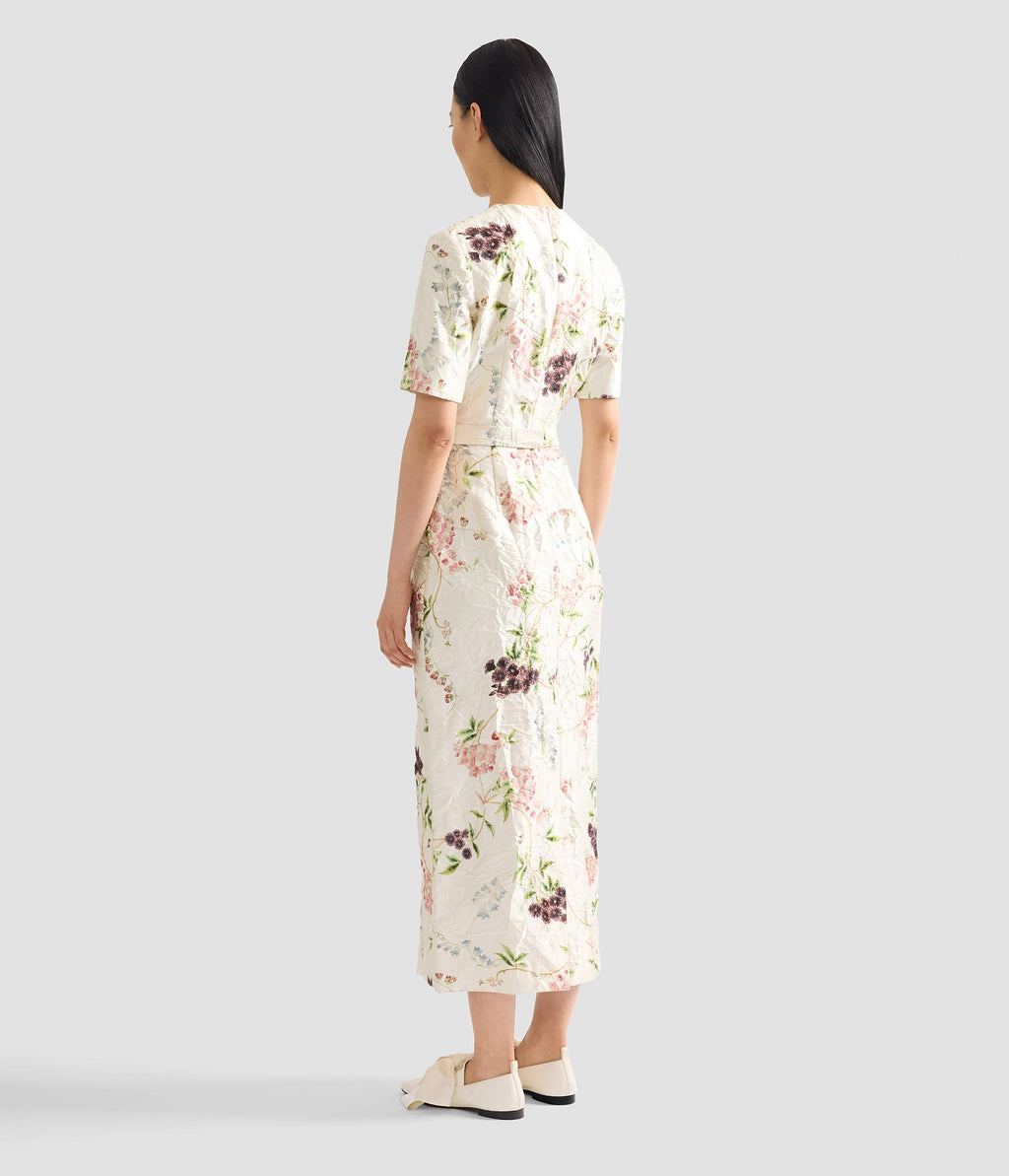 Floral Print Textured Satin Midi Pencil Dress