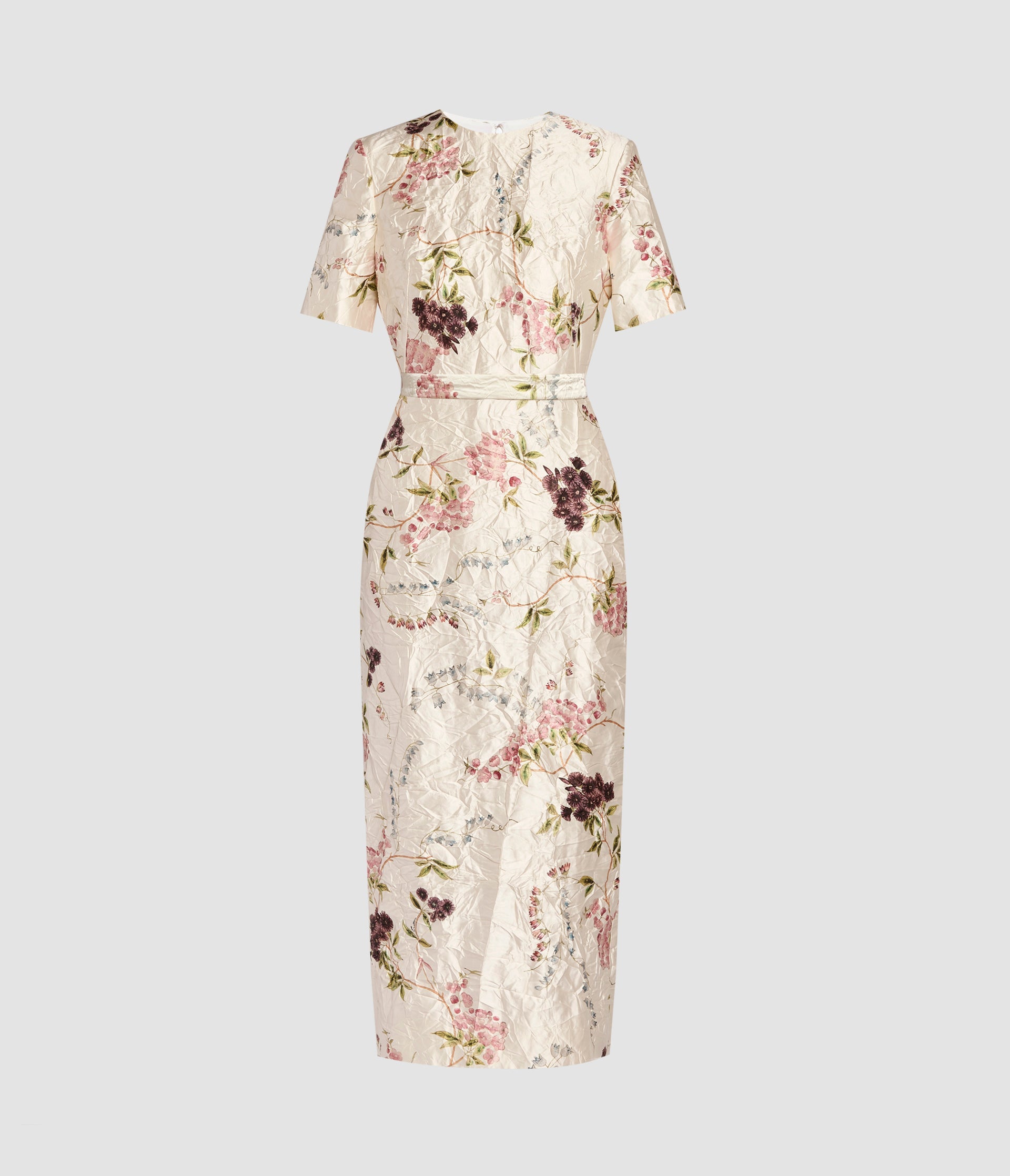 Floral Print Textured Satin Midi Pencil Dress