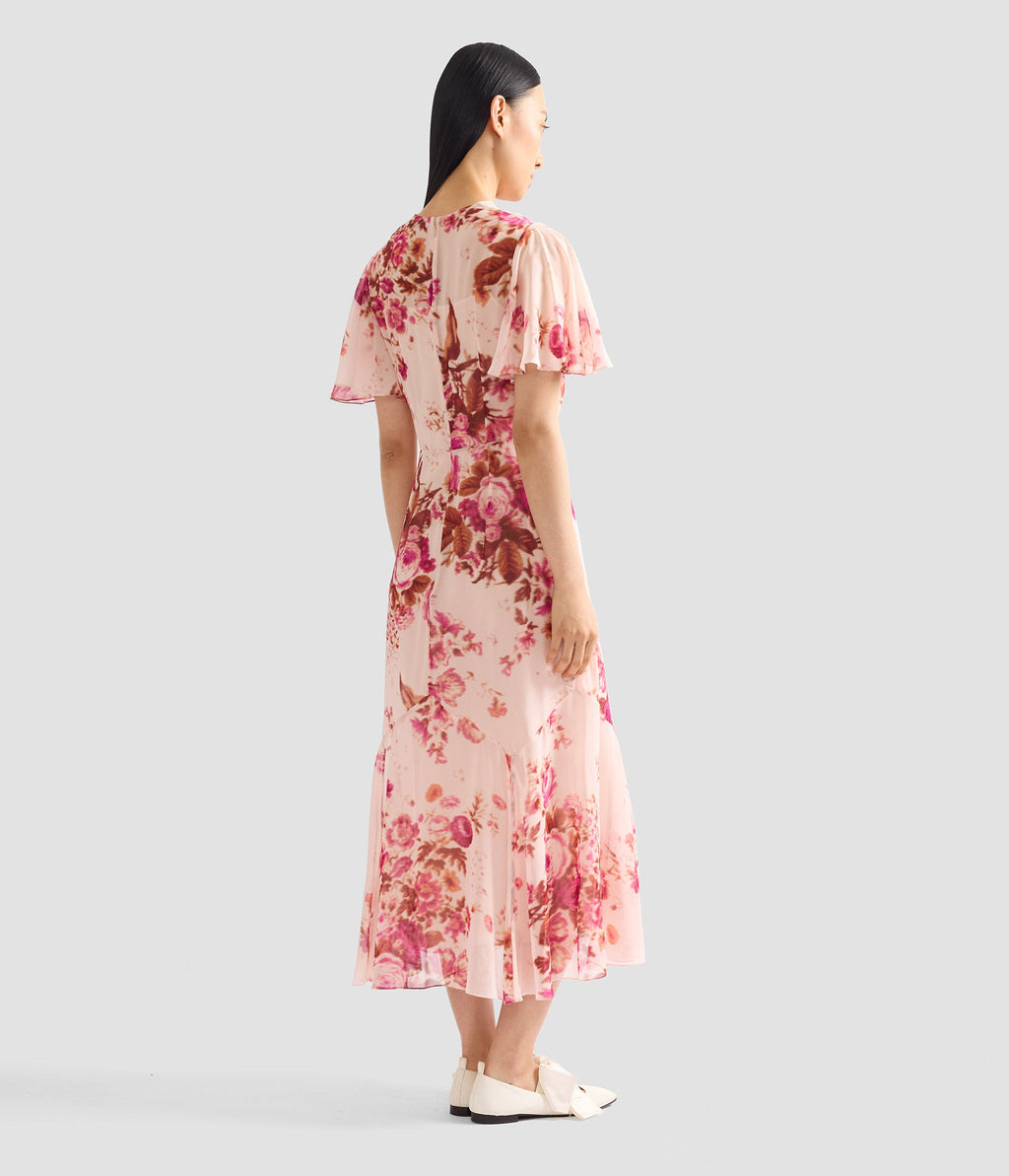 Floral Print Silk Voile Fit And Flared Midi Dress