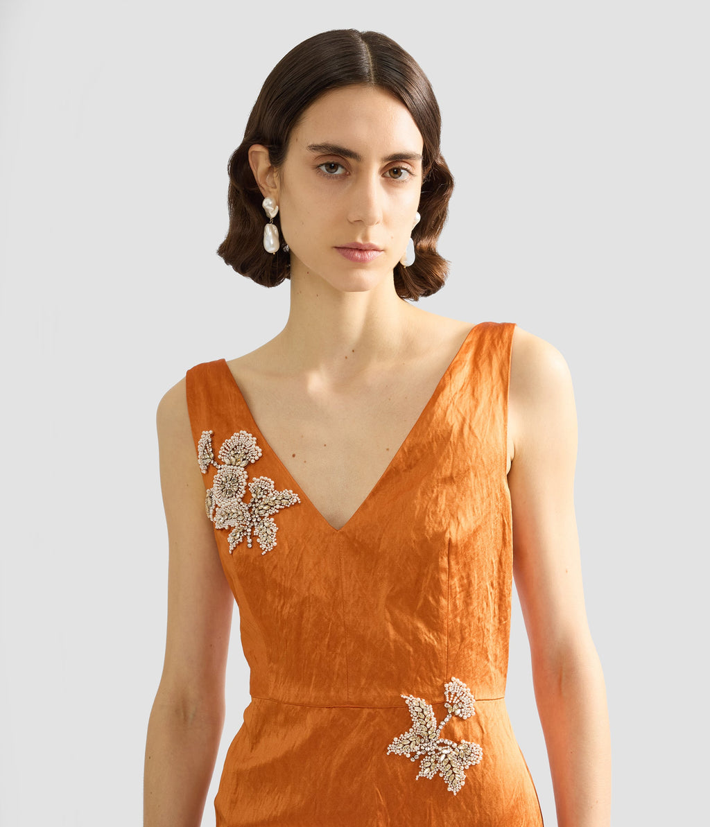 Embellished Textured Satin Midi Pencil Dress