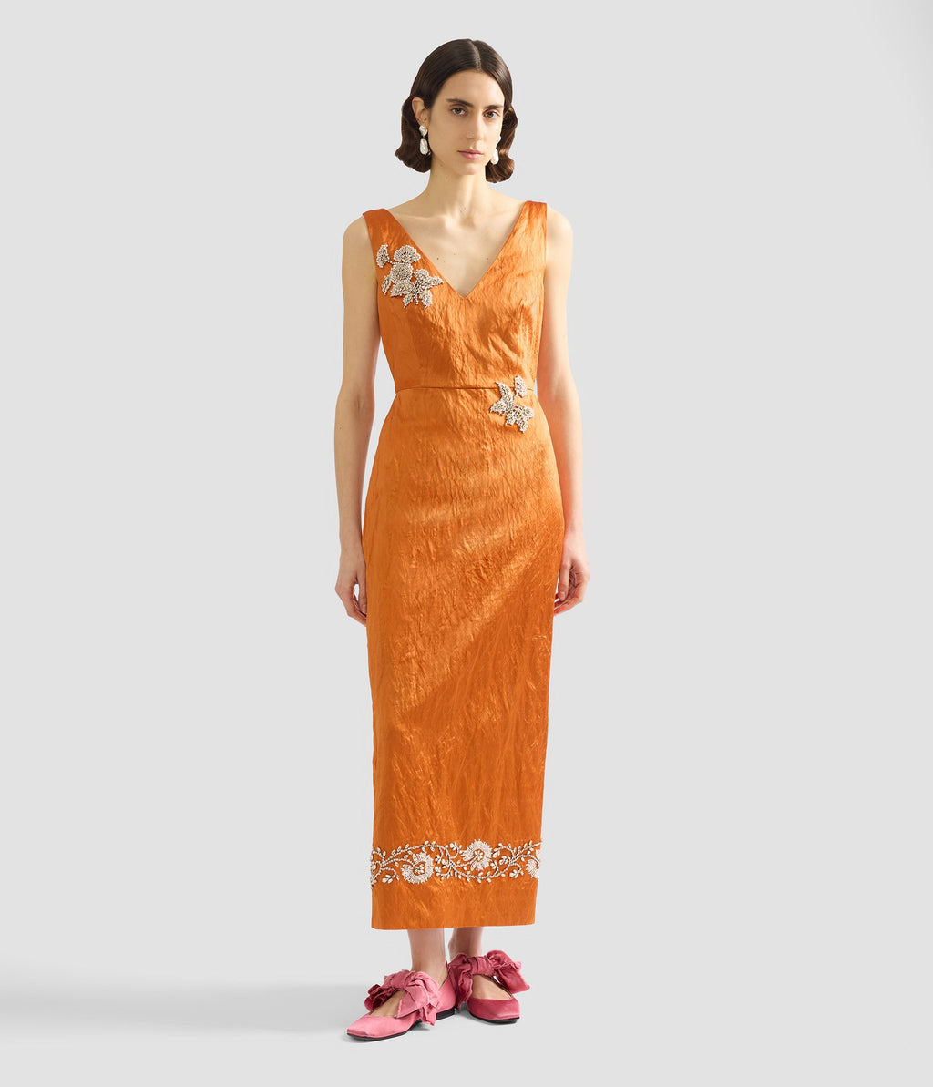 Embellished Textured Satin Midi Pencil Dress