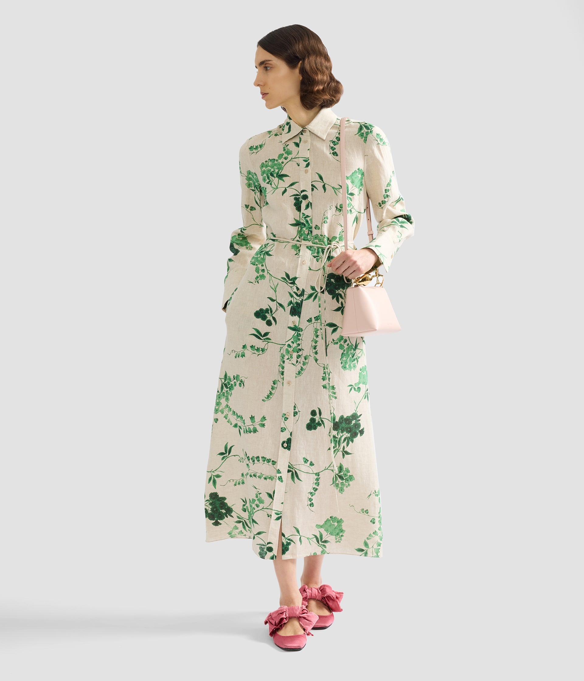 Floral Print Linen Tie-Waisted Midi Dress