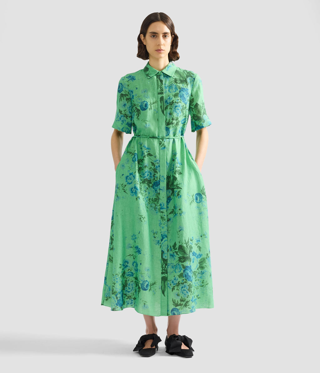 Floral Print Linen Tie-Waist Midi Shirt Dress
