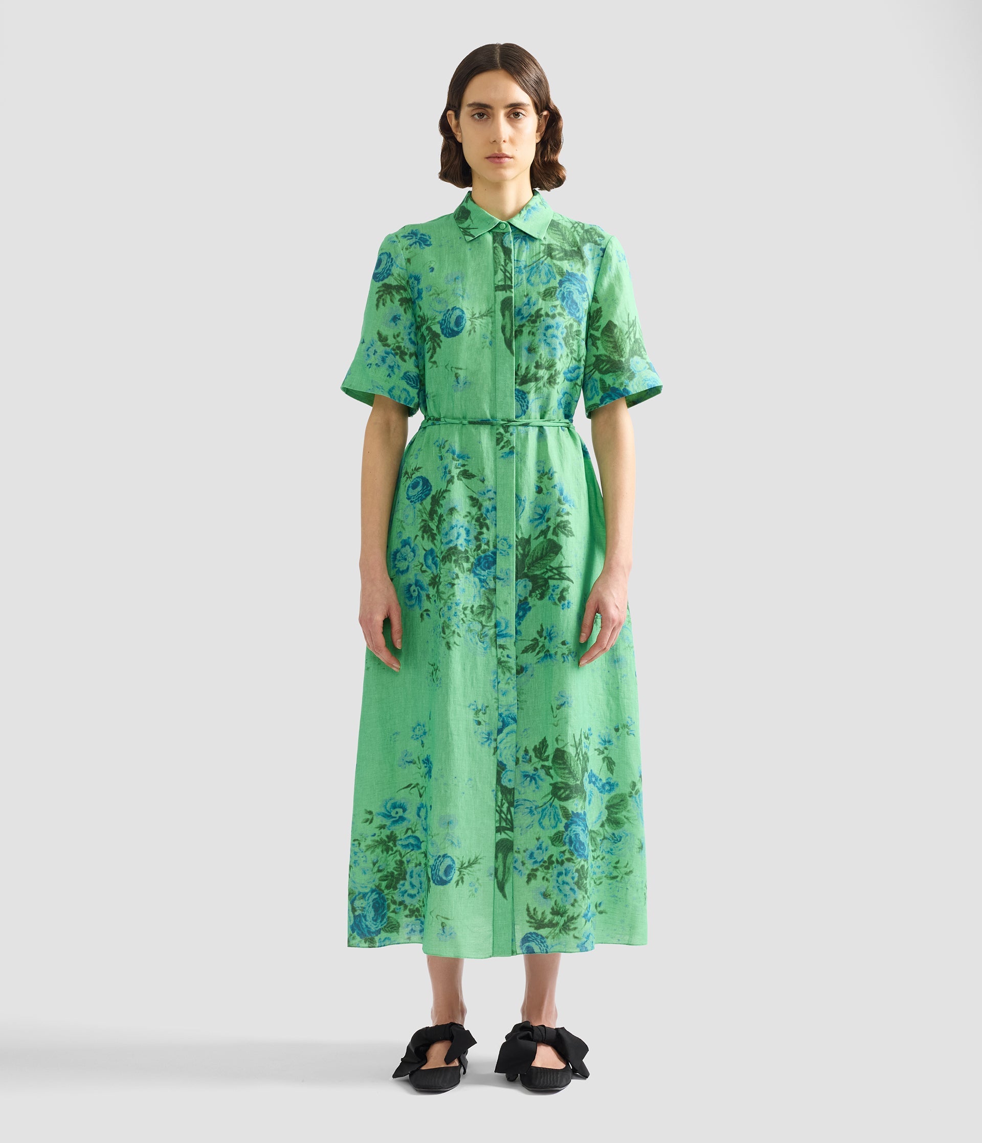 Floral Print Linen Tie-Waist Midi Shirt Dress