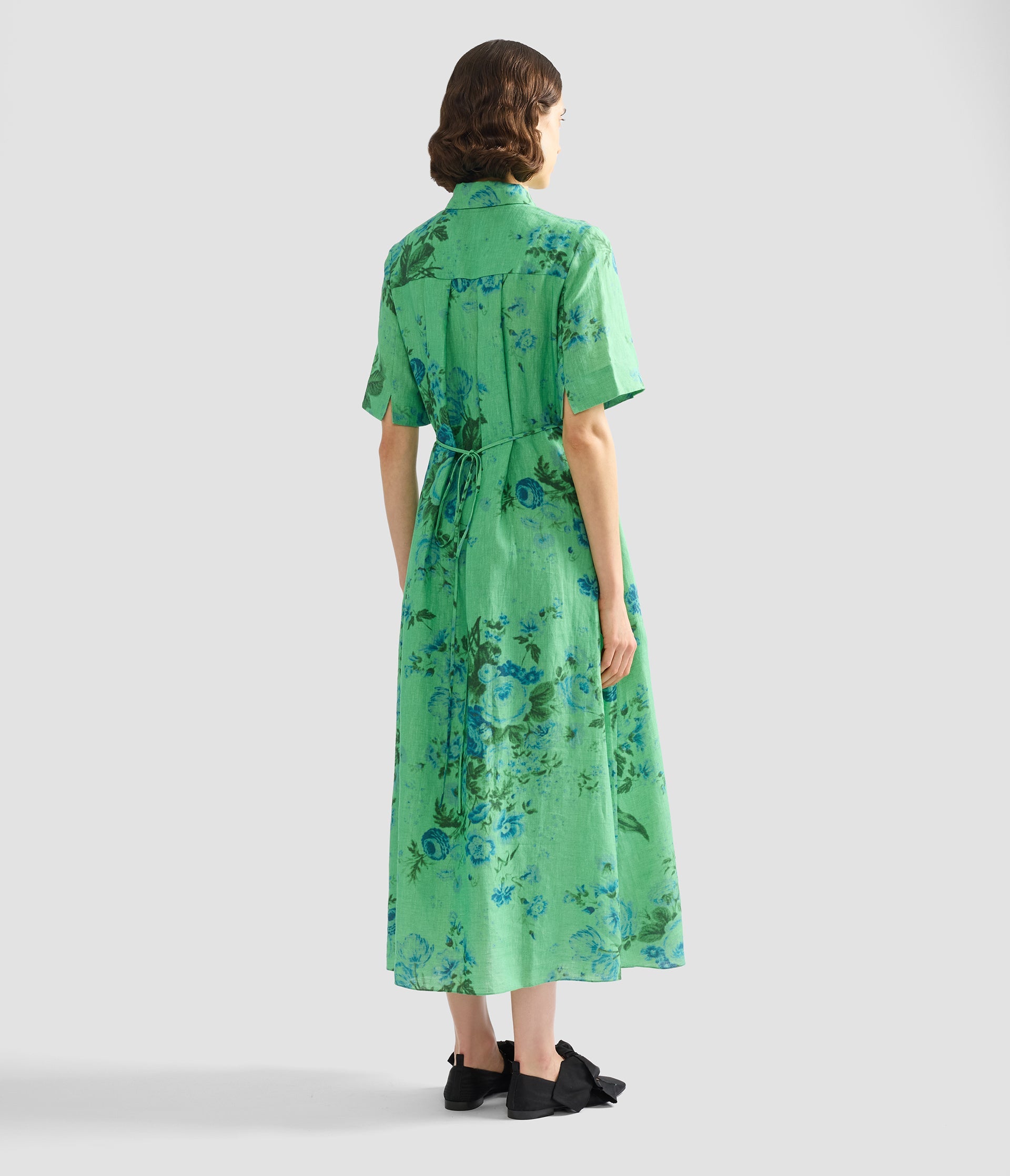Floral Print Linen Tie-Waist Midi Shirt Dress