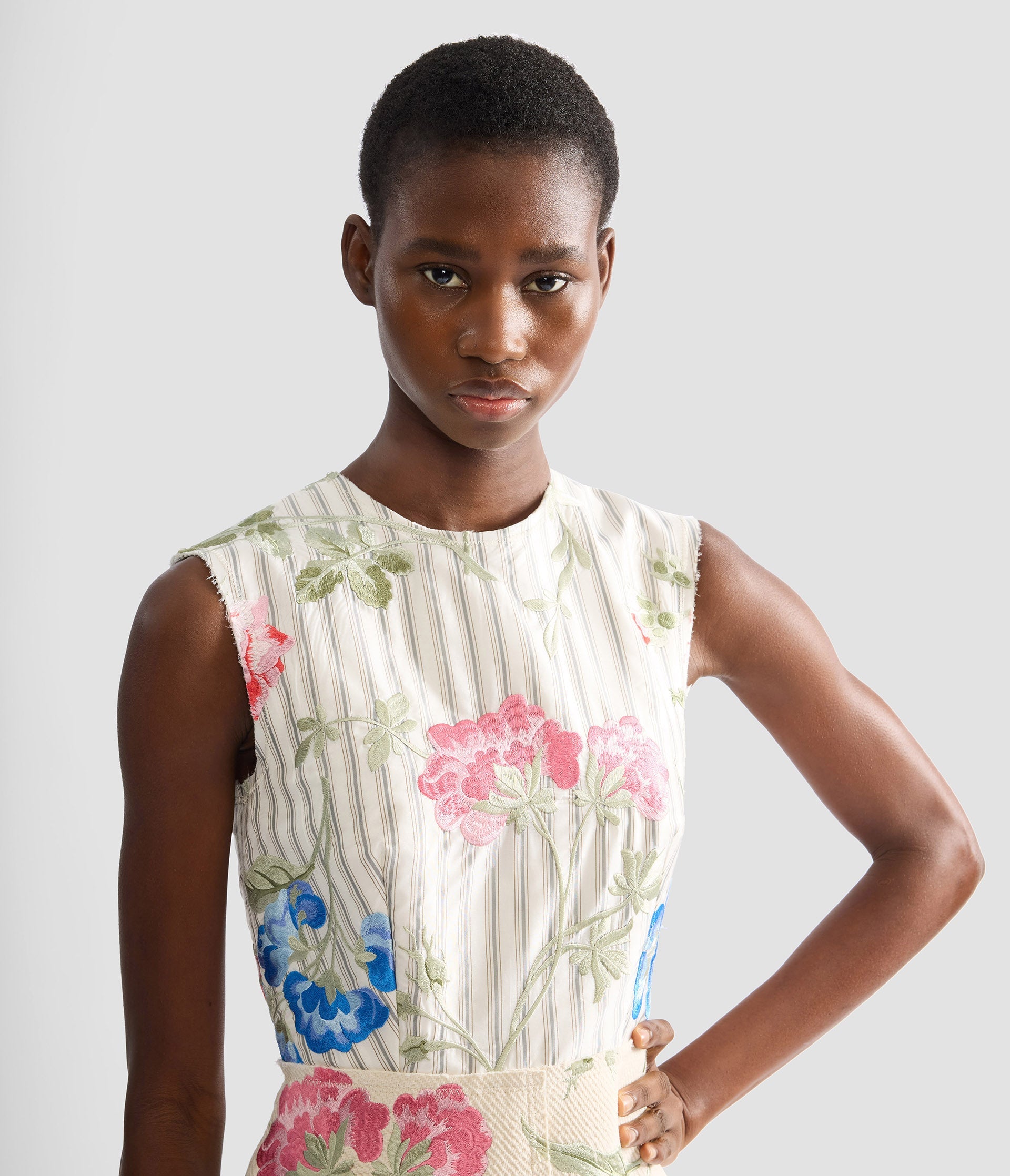 Embroidered Cotton Twill Pencil Midi Dress