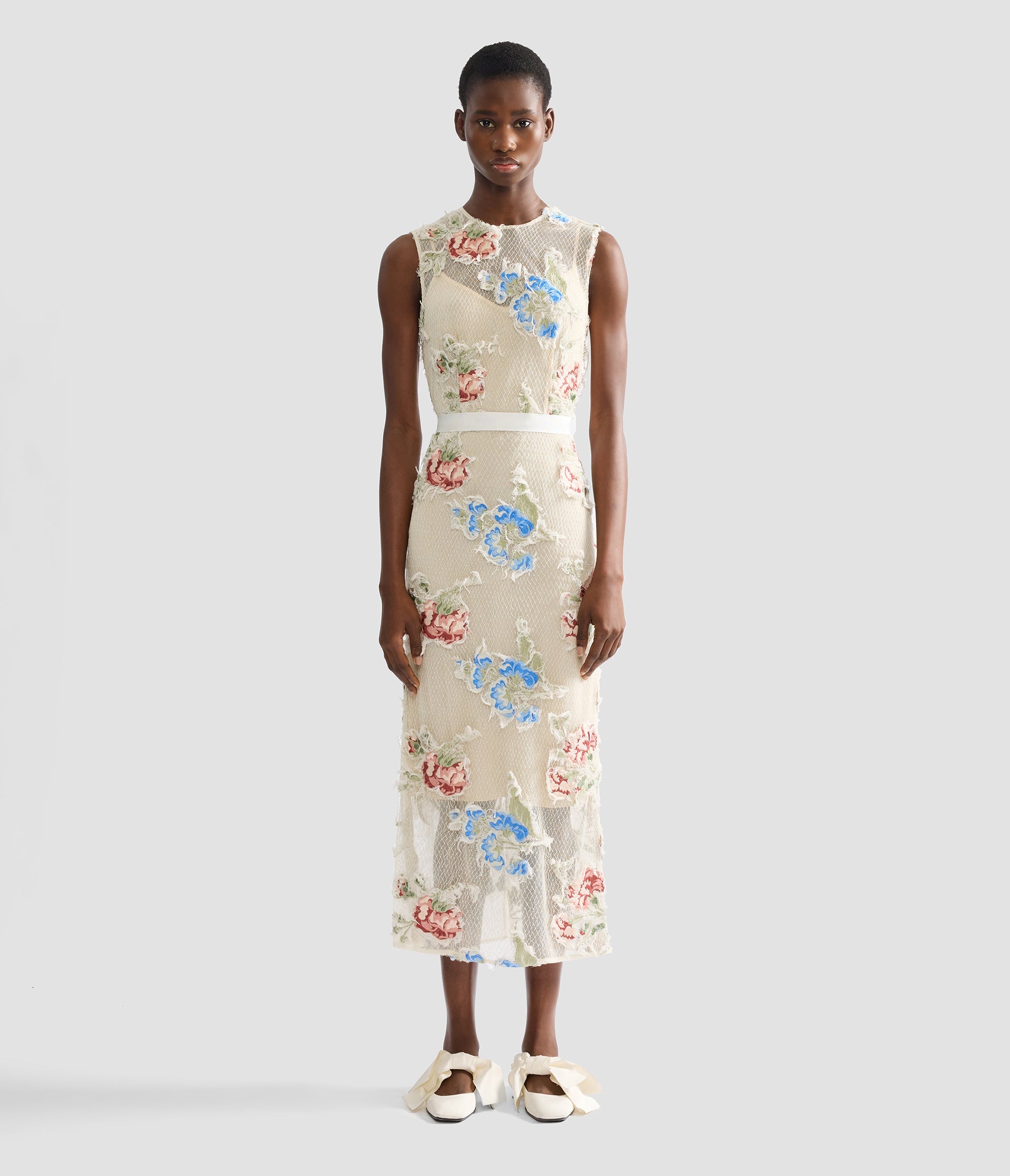 Embroidered Shredded Mesh Pencil Midi Dress