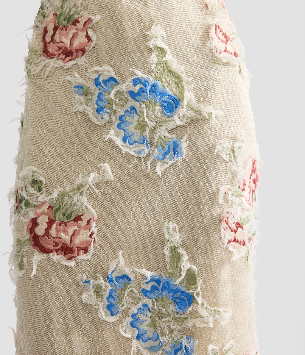 Embroidered Shredded Mesh Pencil Midi Dress