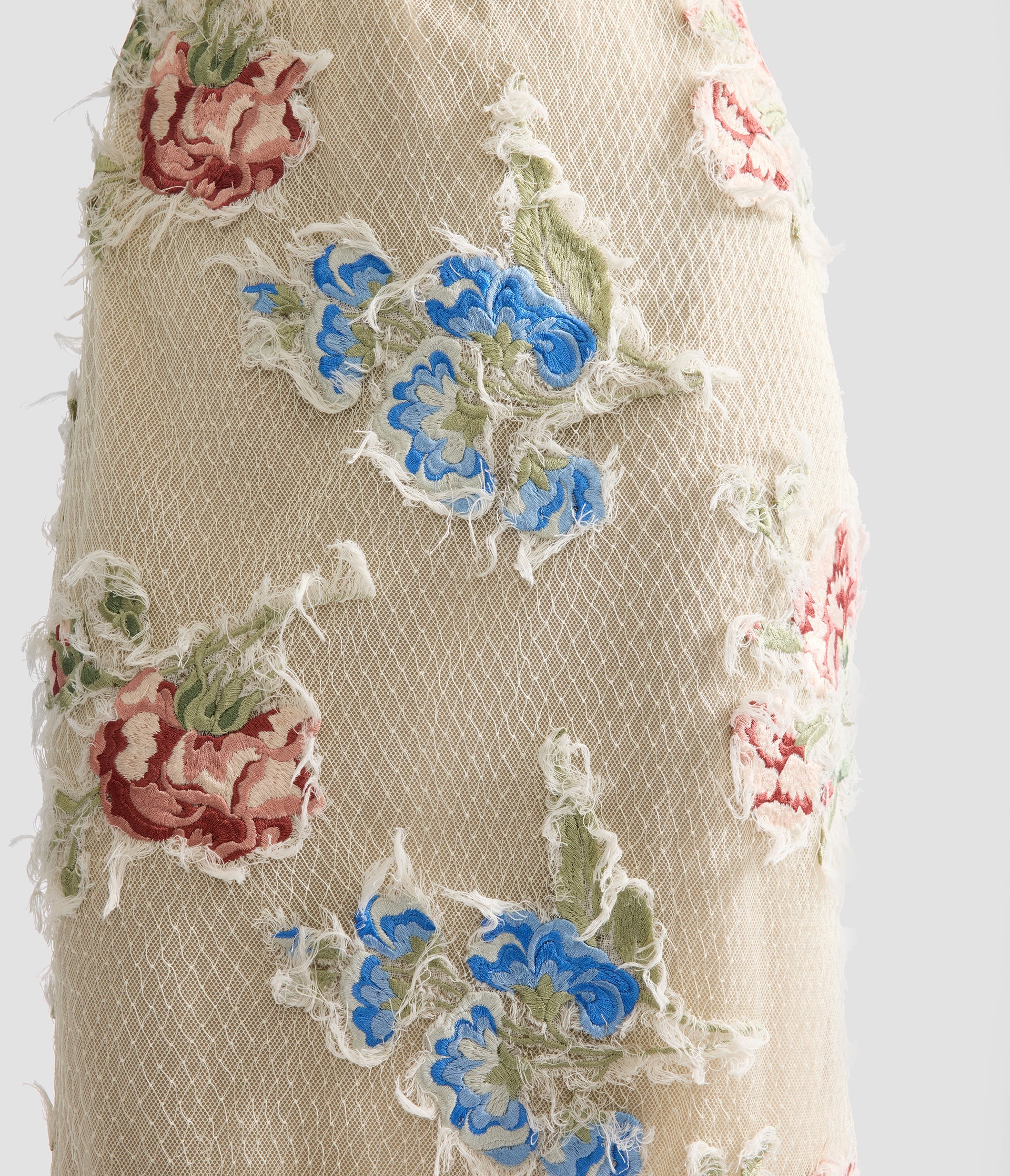 Embroidered Shredded Mesh Pencil Midi Dress