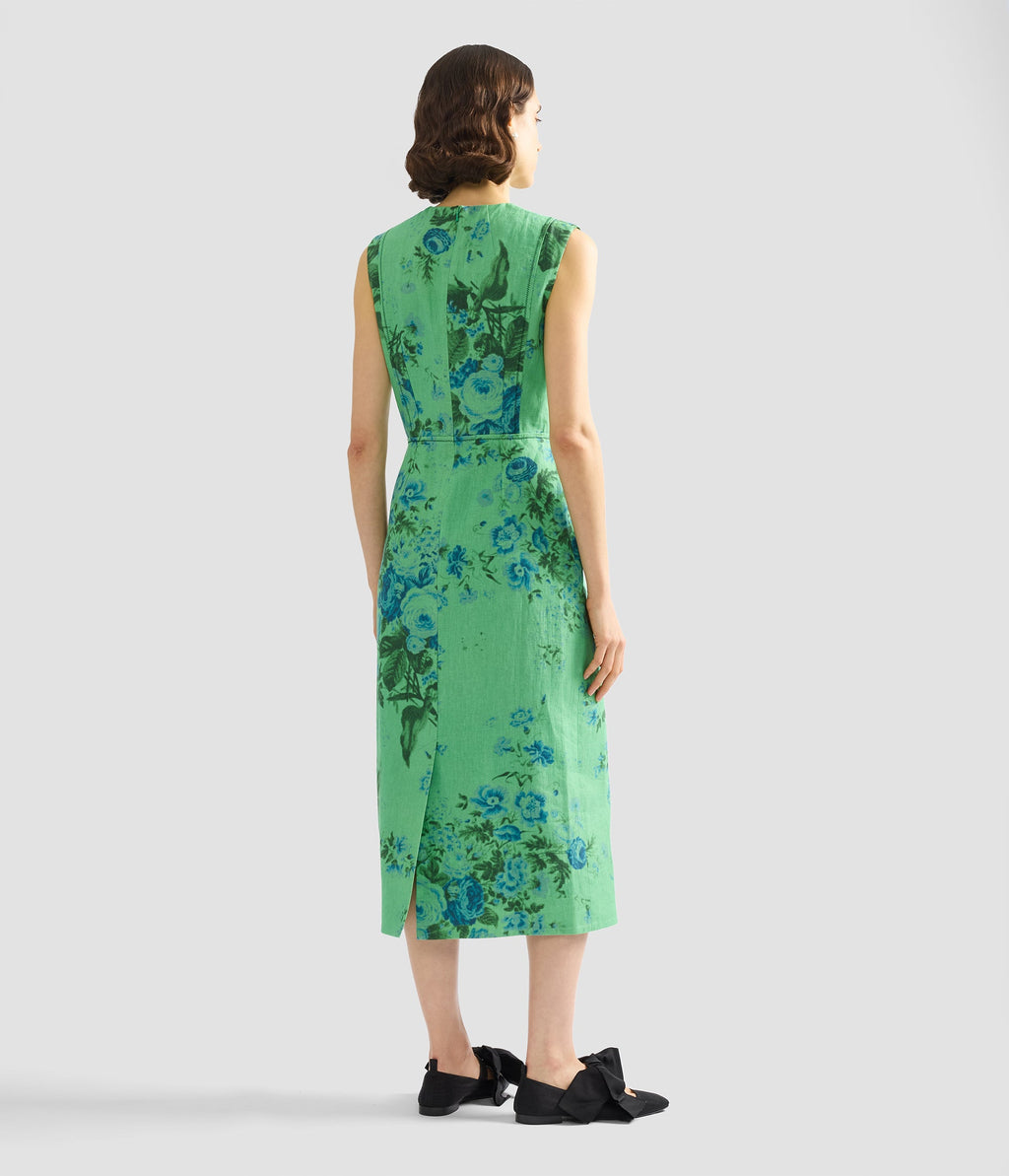 Floral Print Linen Pencil Midi Dress