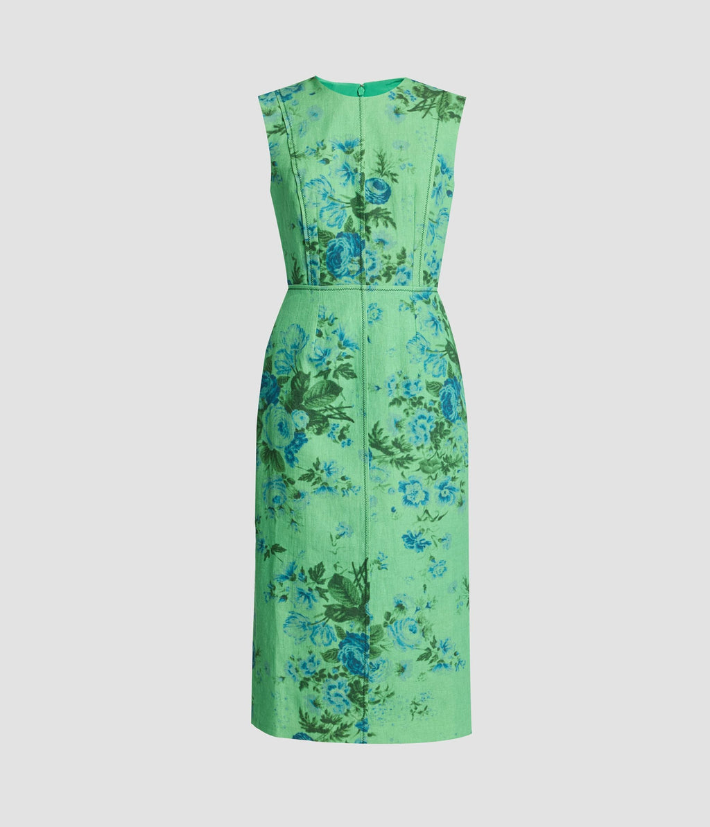 Floral Print Linen Pencil Midi Dress