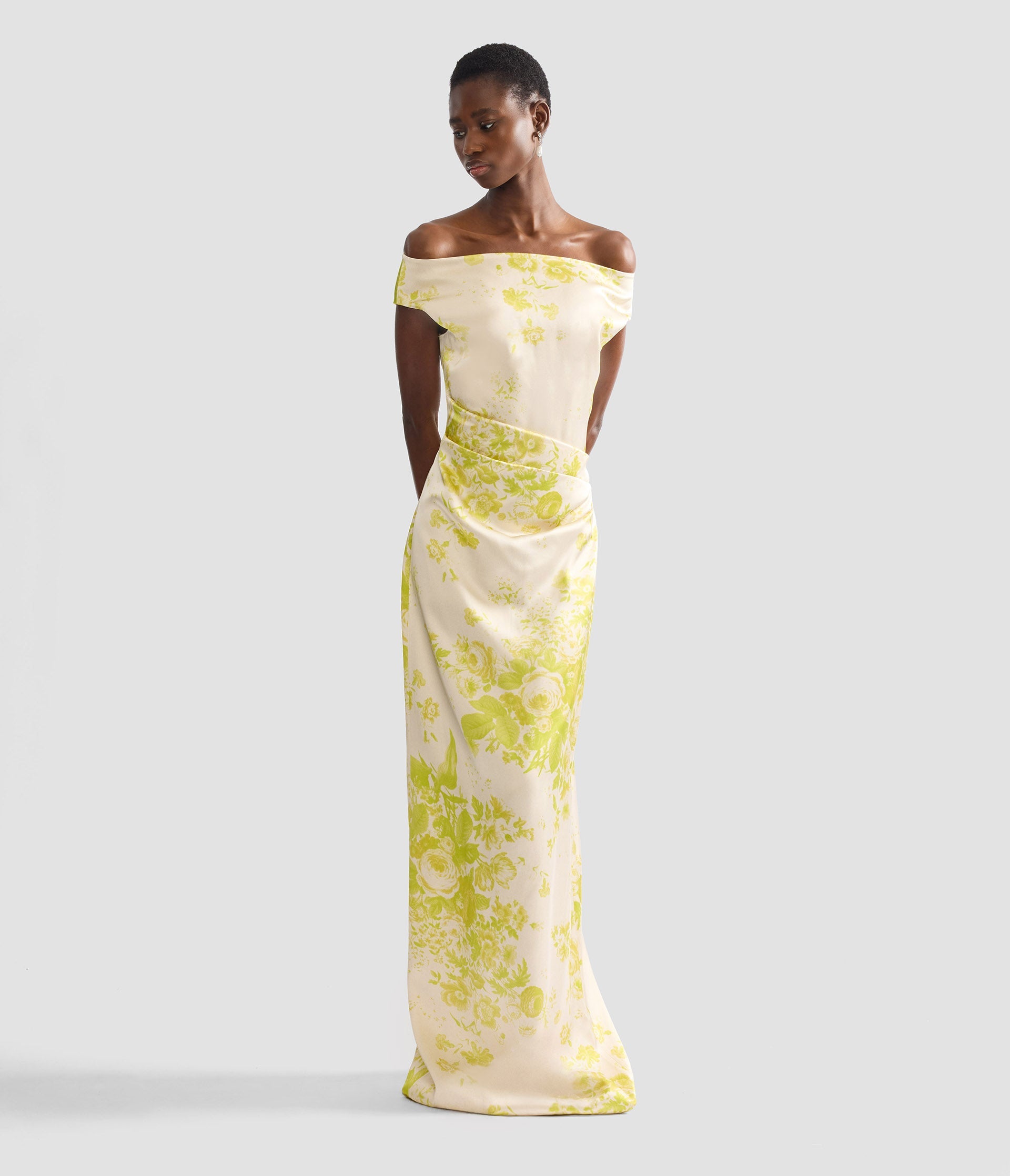 Floral Print Duchess Slashed Neckline Gown