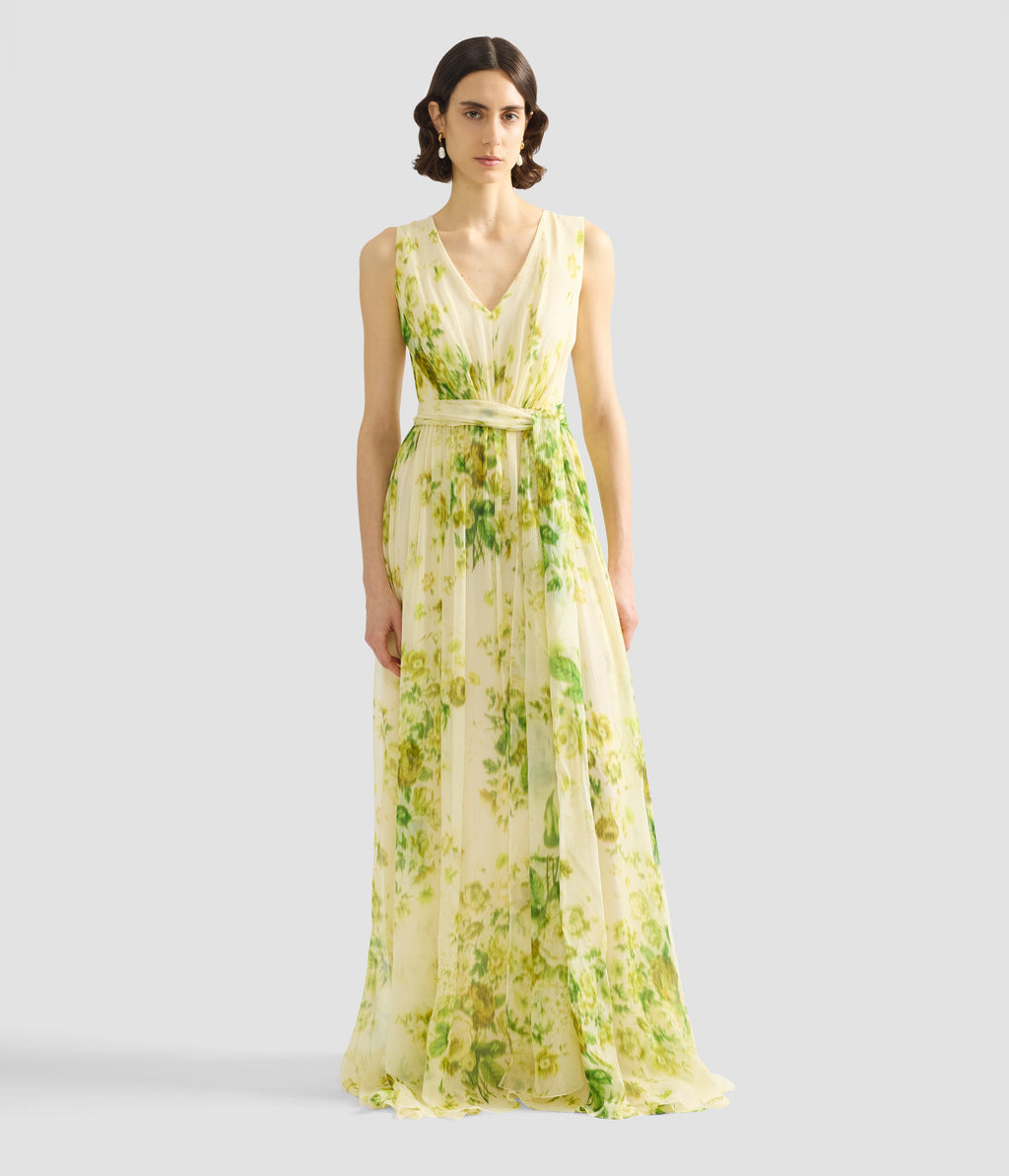 Floral Print Silk Creponne Sleeveless Gown