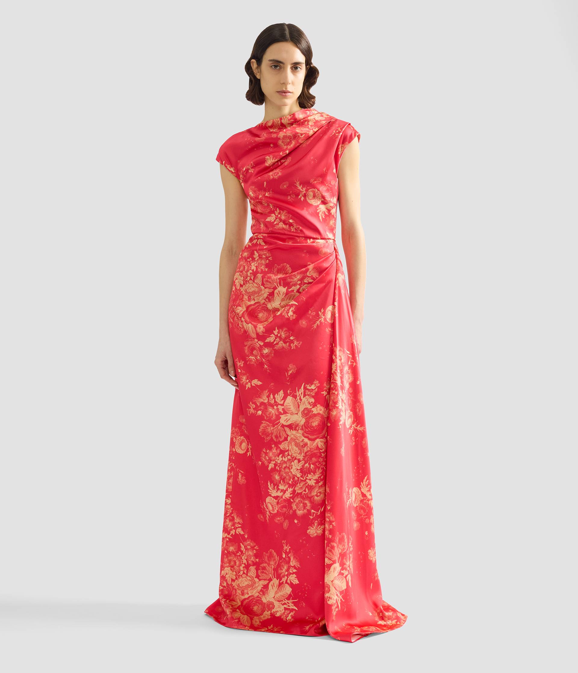 Floral Print Duchess Draped Gown