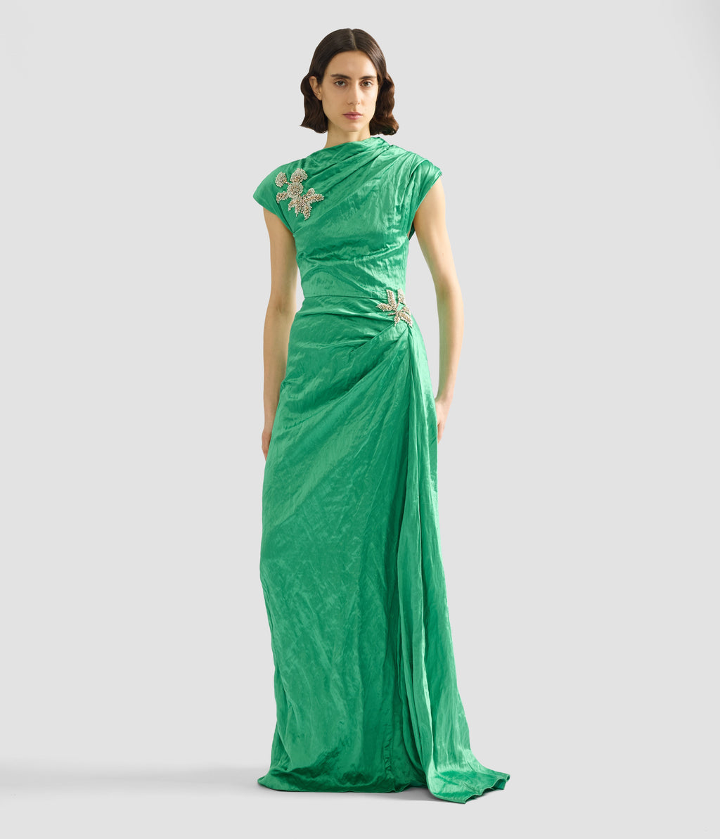 Embellished Textured Satin Draped Gown