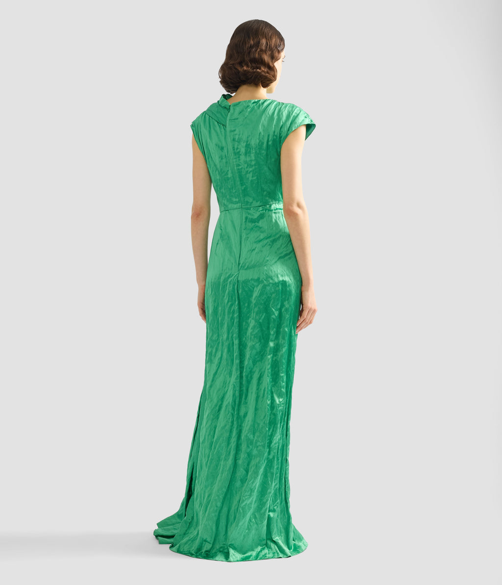 Embellished Textured Satin Draped Gown