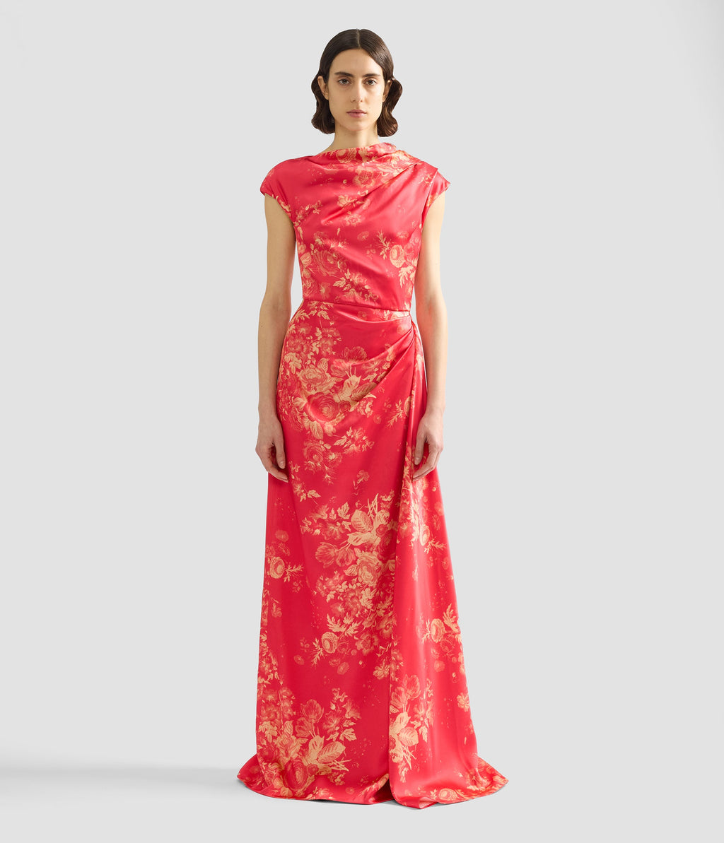 Floral Print Duchess Draped Gown