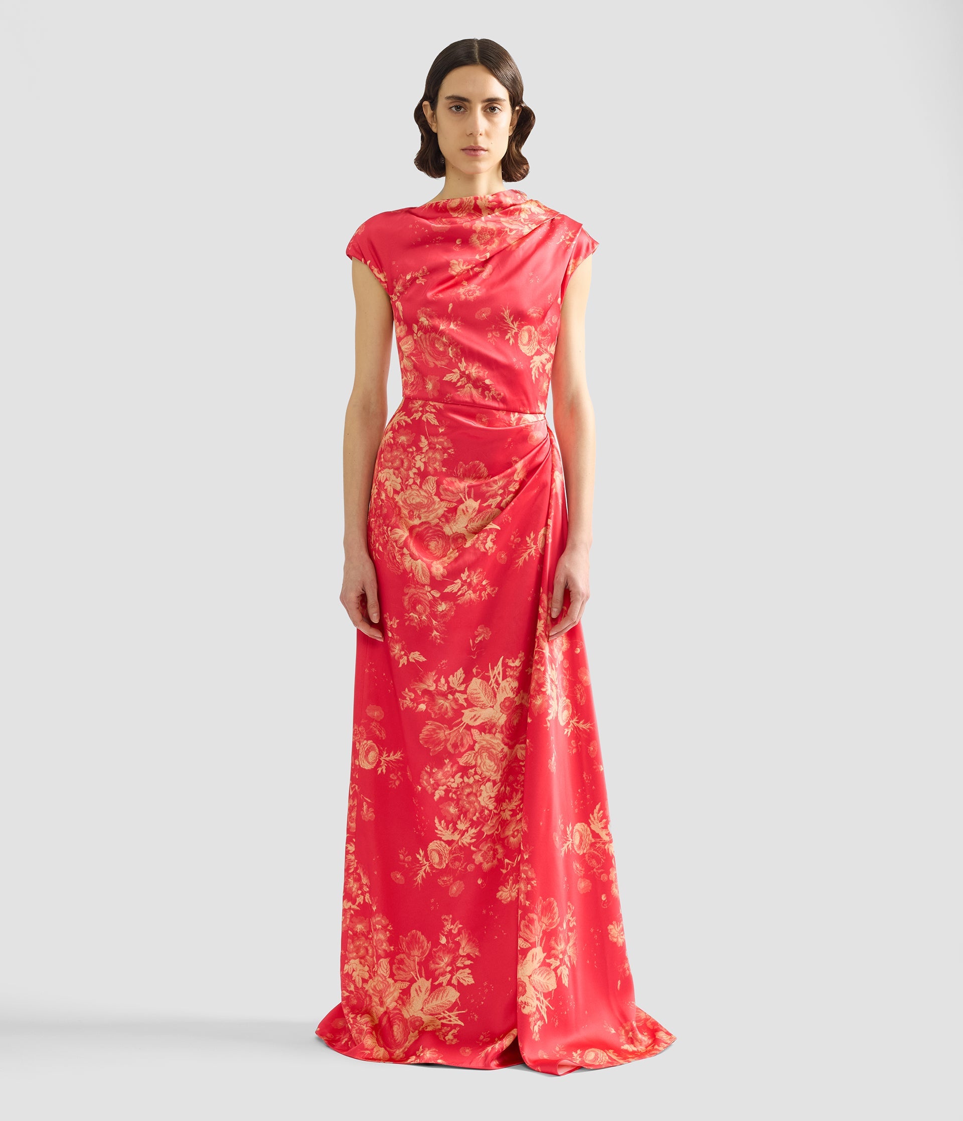 Floral Print Duchess Draped Gown