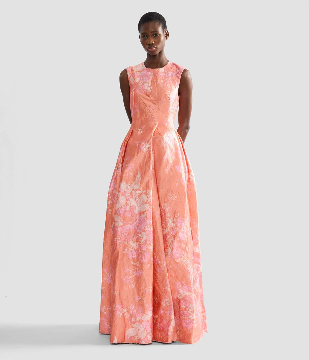 Floral Print Textured Satin Hourglass Gown