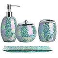 4pc Mosaic Glass Bathroom Accessory Set which, includes:Lotion Dispenser, Toothbrush Holder, Cotton Jar and Vanity Tray.  Handmade Crackle Mosaic Glass in Modern and iridescent Green Color.