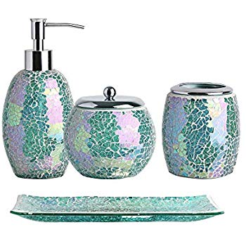 4pc Mosaic Glass Bathroom Accessory Set which, includes:Lotion Dispenser, Toothbrush Holder, Cotton Jar and Vanity Tray.  Handmade Crackle Mosaic Glass in Modern and iridescent Green Color.