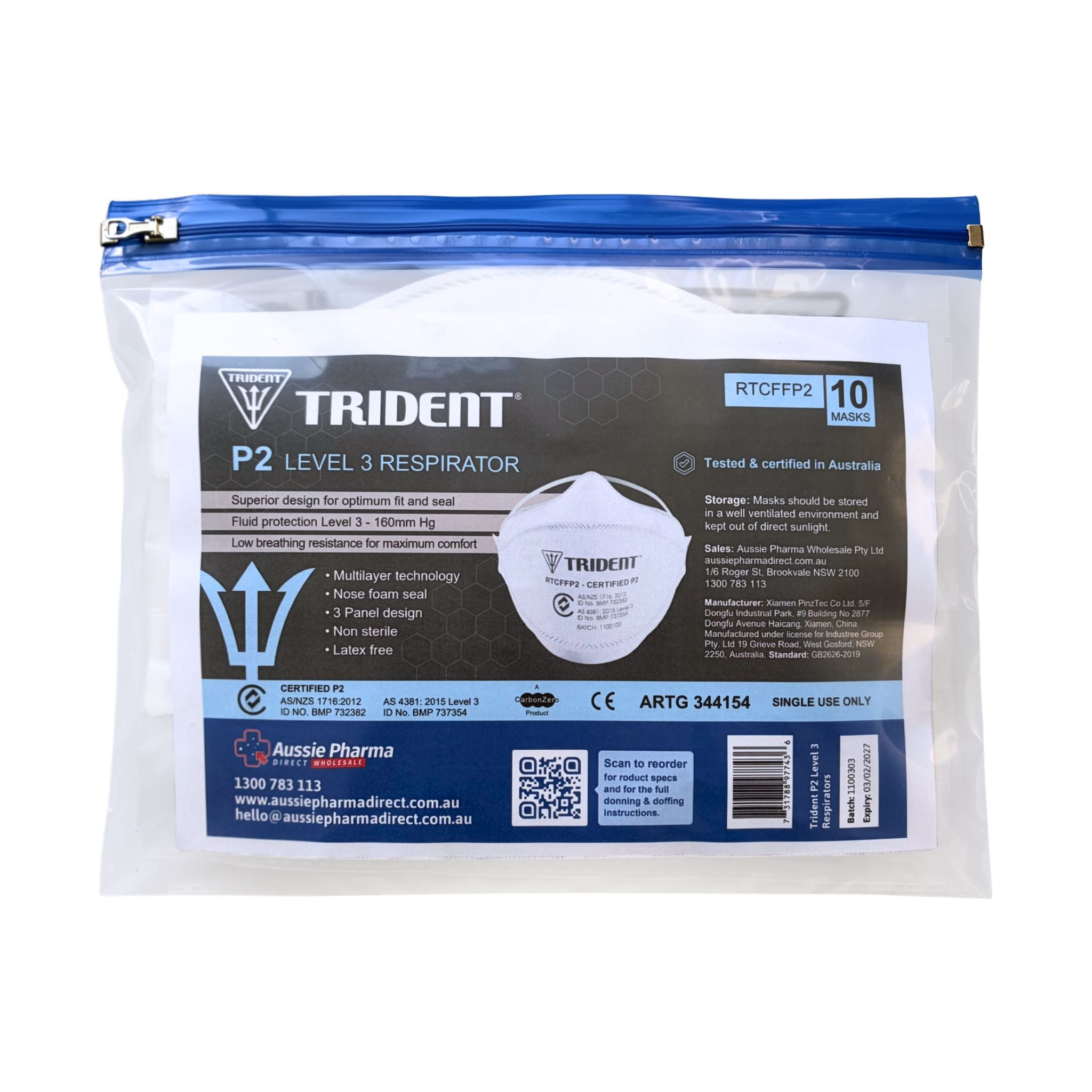 Trident P2 Level 3 Headband Respirator - Medium Size - Pack of 10 masks