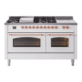 ILVE Nostalgie II 60-Inch Dual Fuel Range with 7 Sealed Burners + Griddle + French Top, 5.8 cu. ft. Oven, White with Copper Trim, Natural Gas, Triple Glass Door, UP60FSNMPWHP