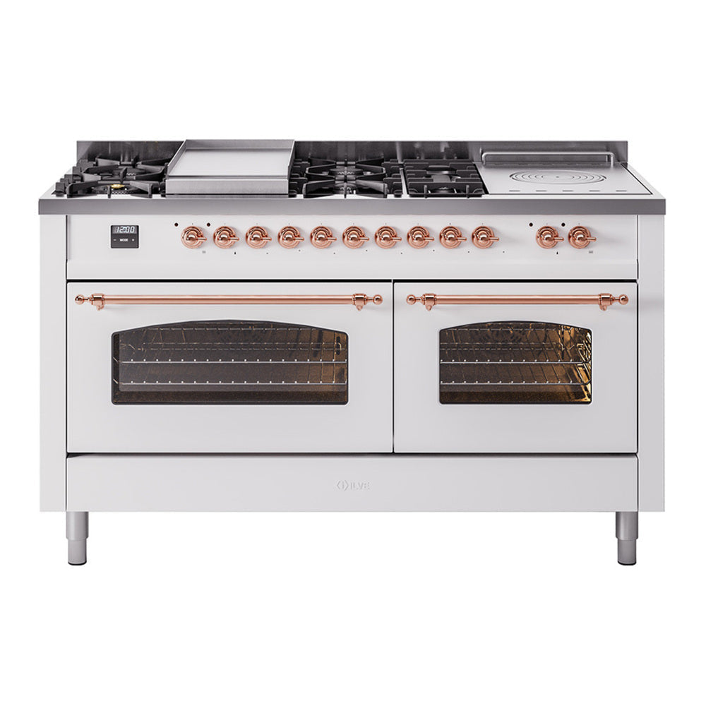 ILVE Nostalgie II 60-Inch Dual Fuel Range with 7 Sealed Burners + Griddle + French Top, 5.8 cu. ft. Oven, White with Copper Trim, Natural Gas, Triple Glass Door, UP60FSNMPWHP