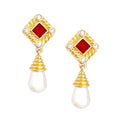 Pearl Drop Earrings With Ruby Red Crystals By Swarovski, 1980s