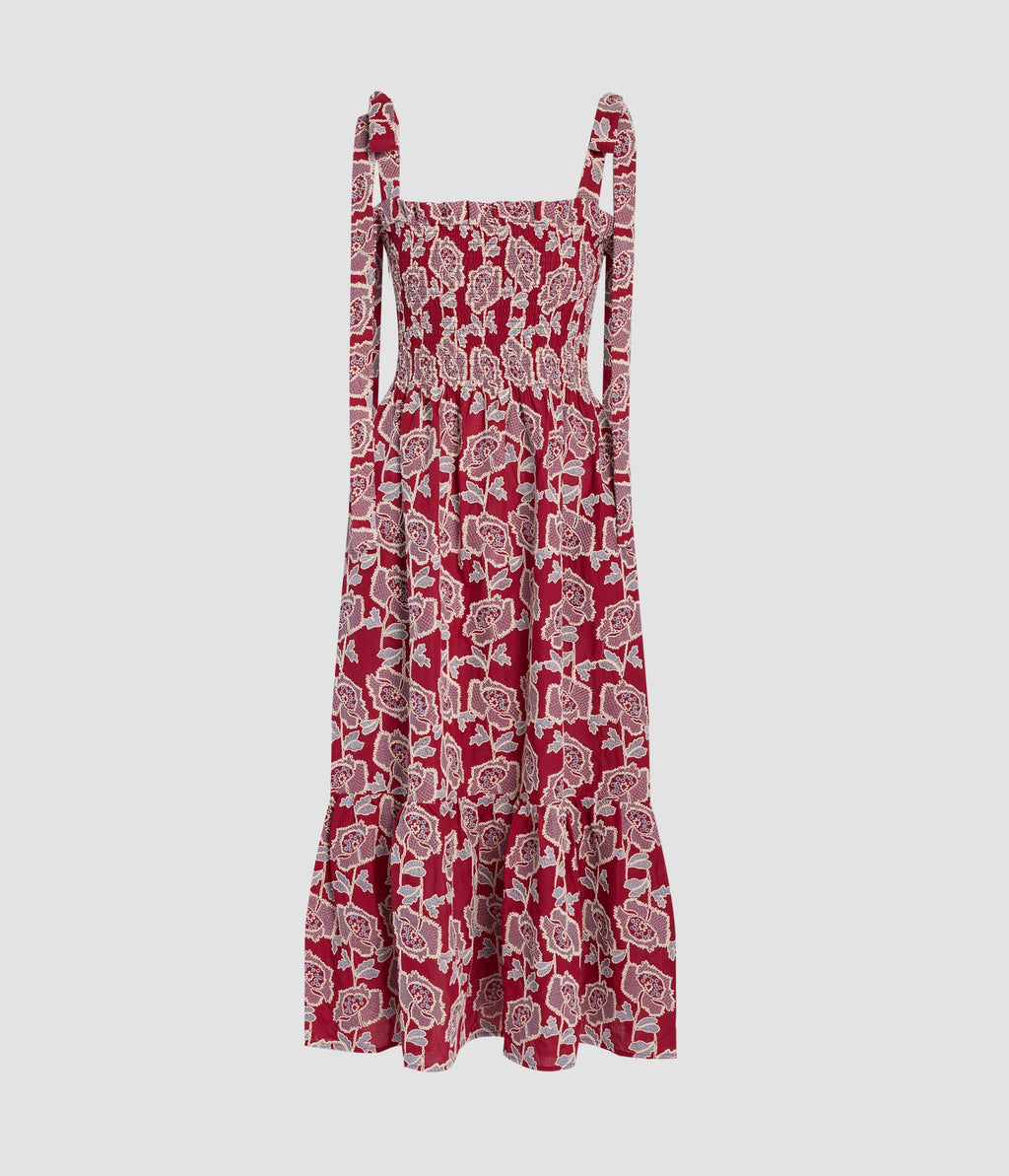 Floral Embroidered Cotton Sleeveless Midi Dress