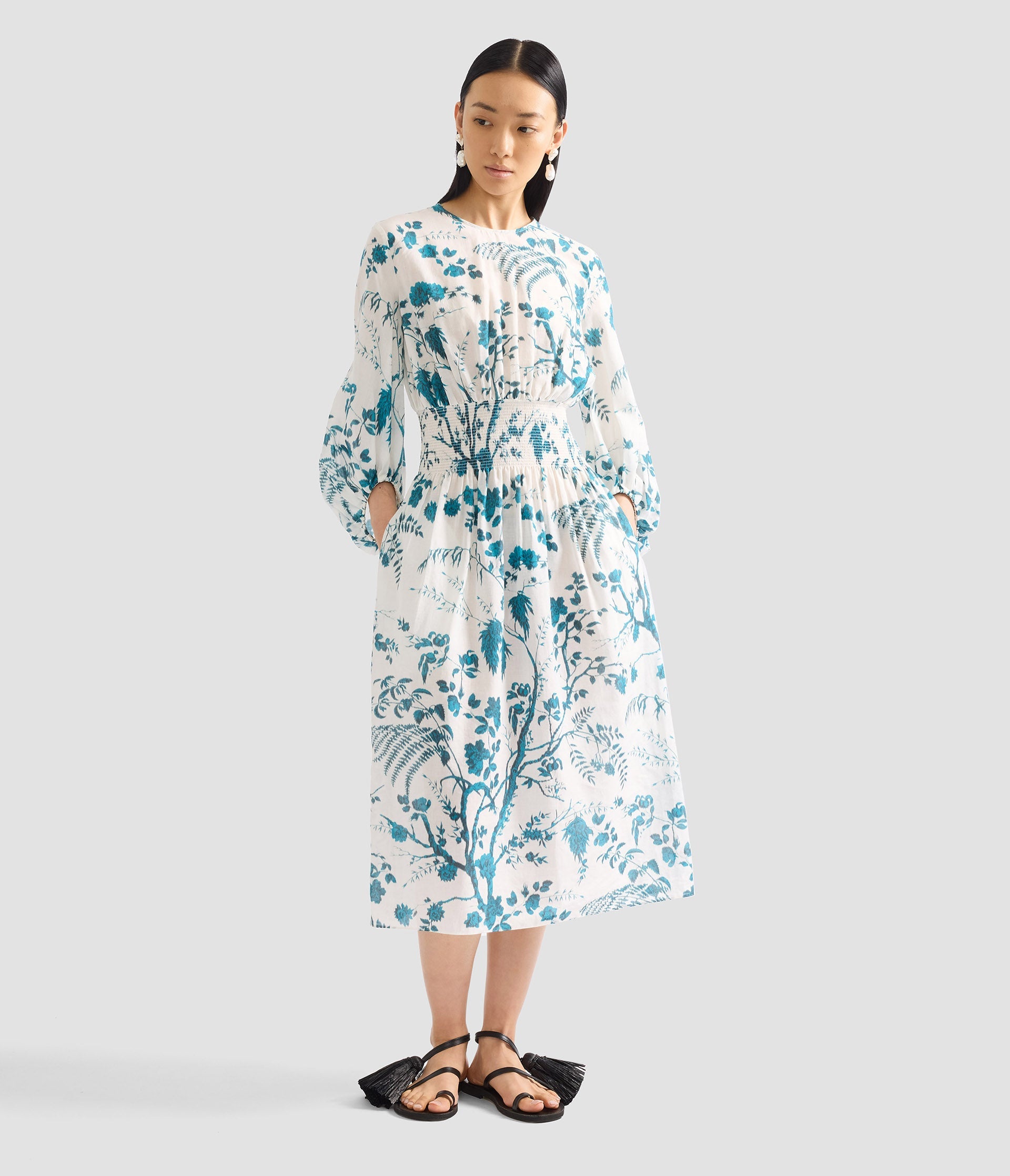 Botanical Print Cotton Linen Midi Dress
