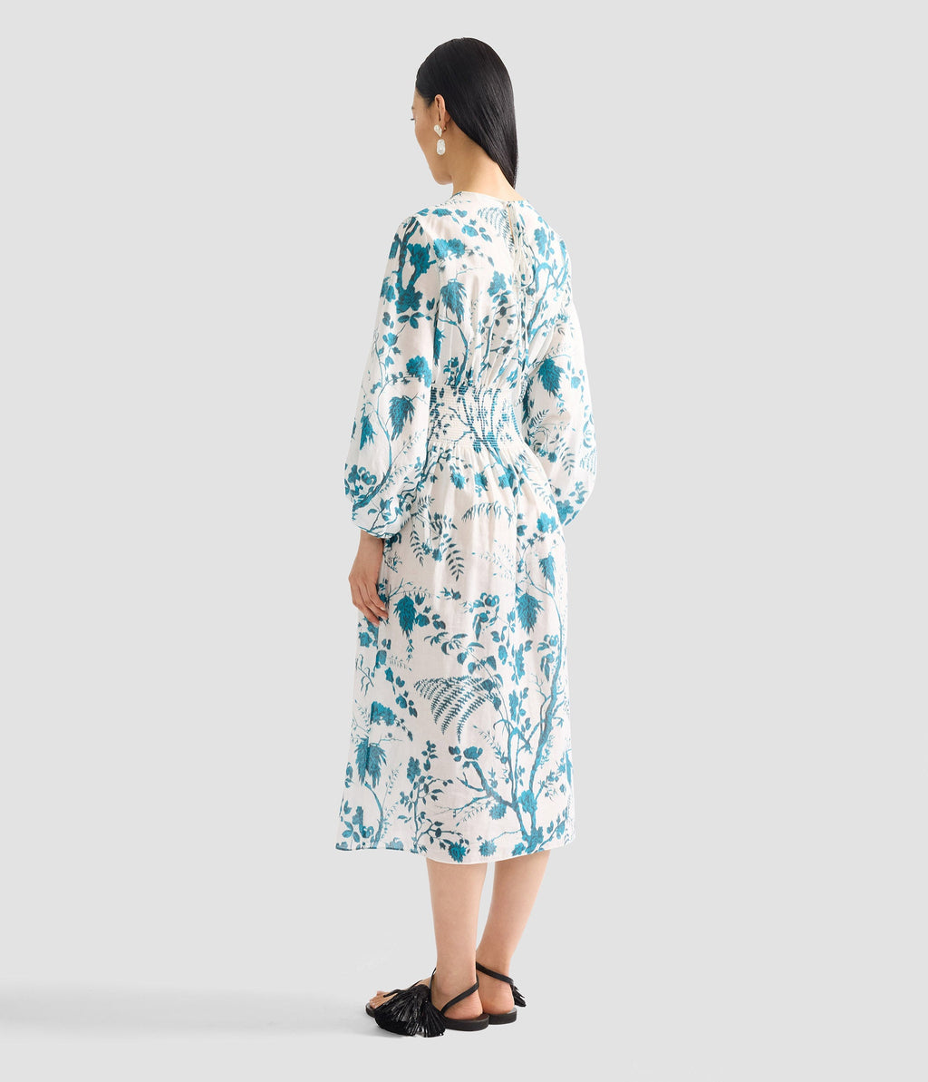 Botanical Print Cotton Linen Midi Dress