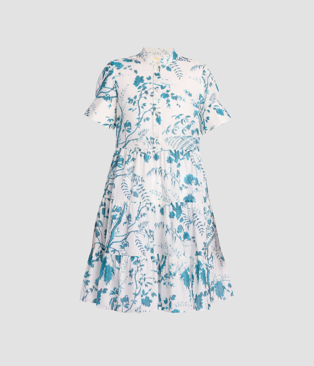 Botanical Print Cotton Linen Tiered Mini Dress
