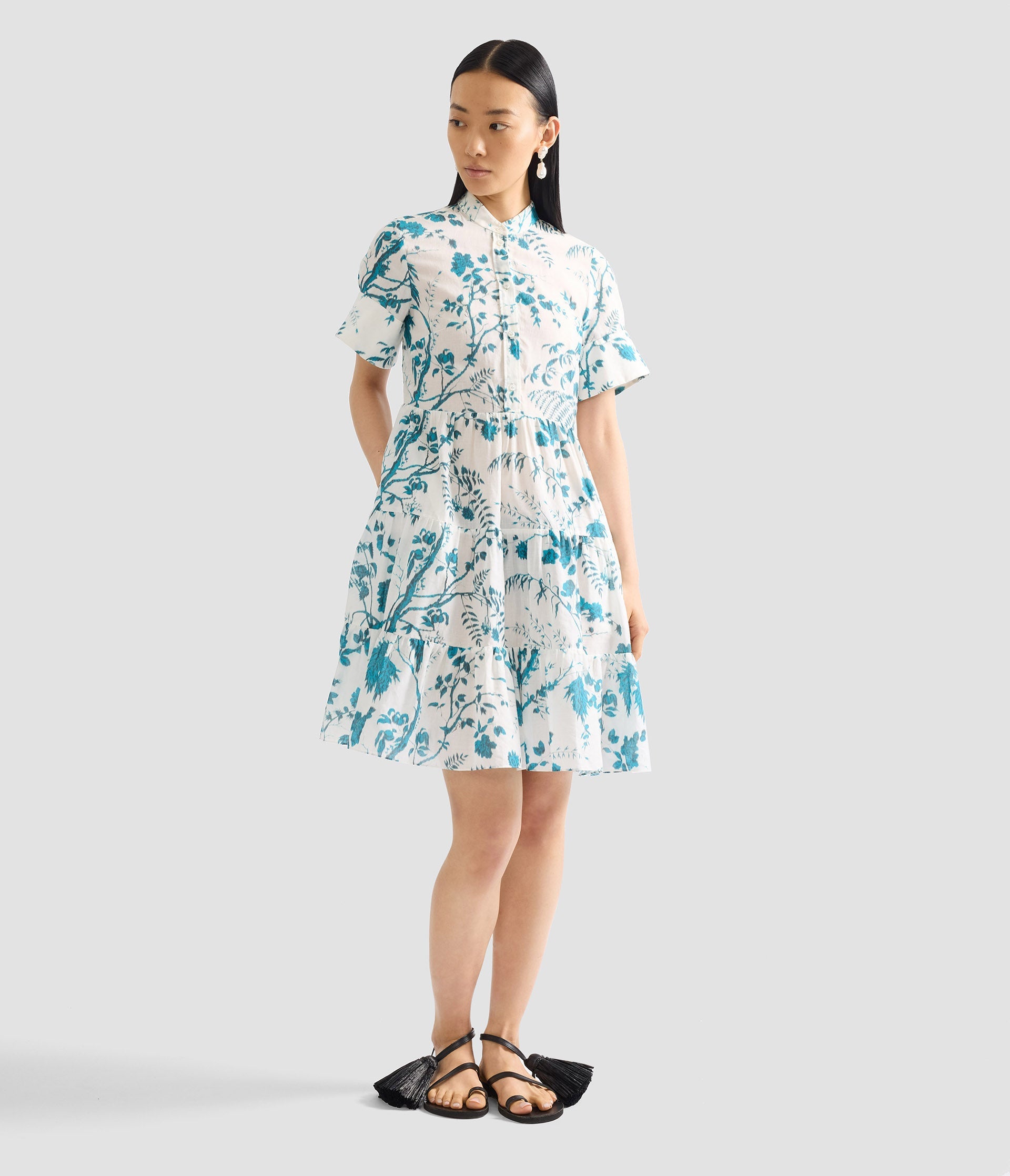 Botanical Print Cotton Linen Tiered Mini Dress