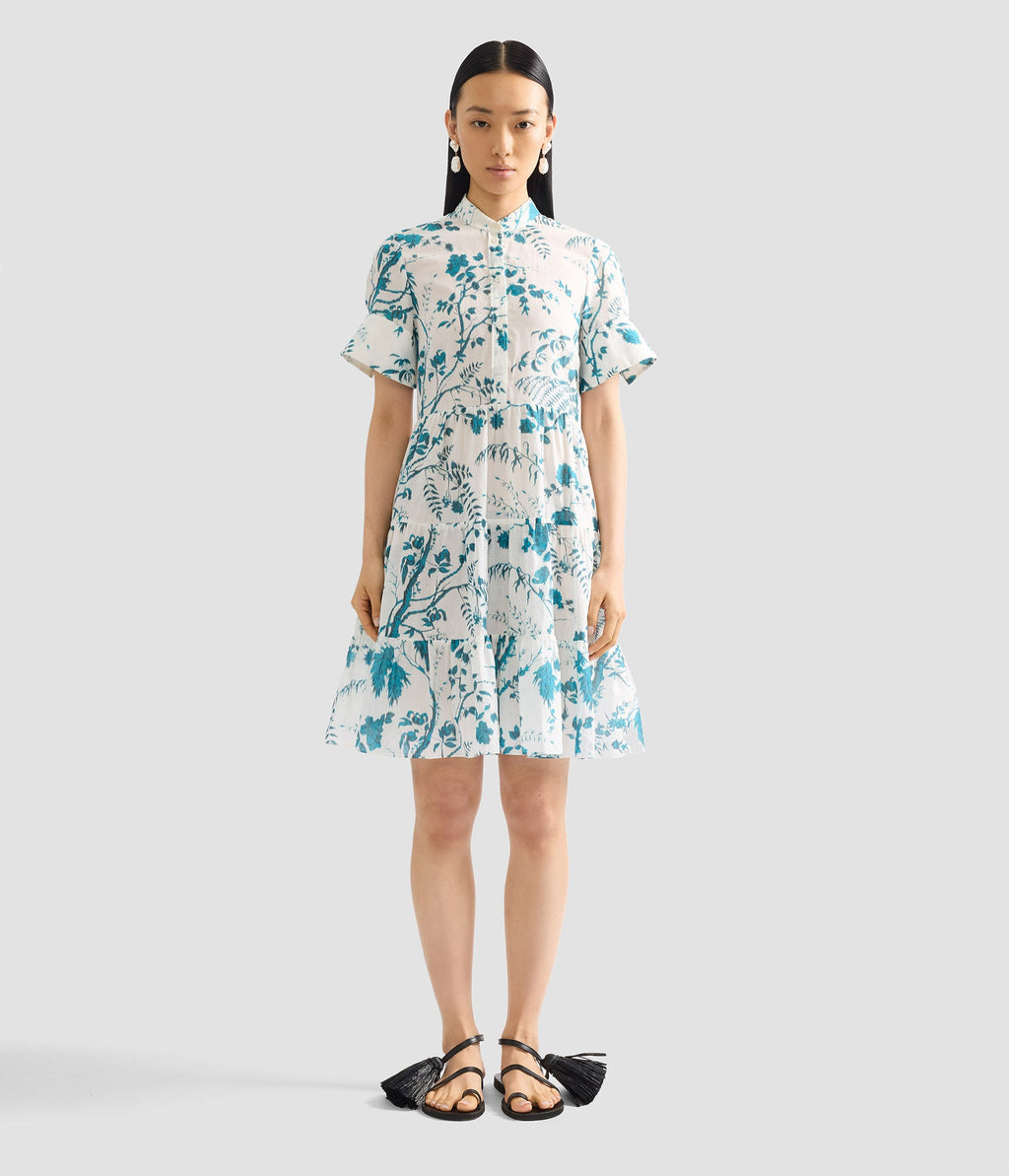 Botanical Print Cotton Linen Tiered Mini Dress