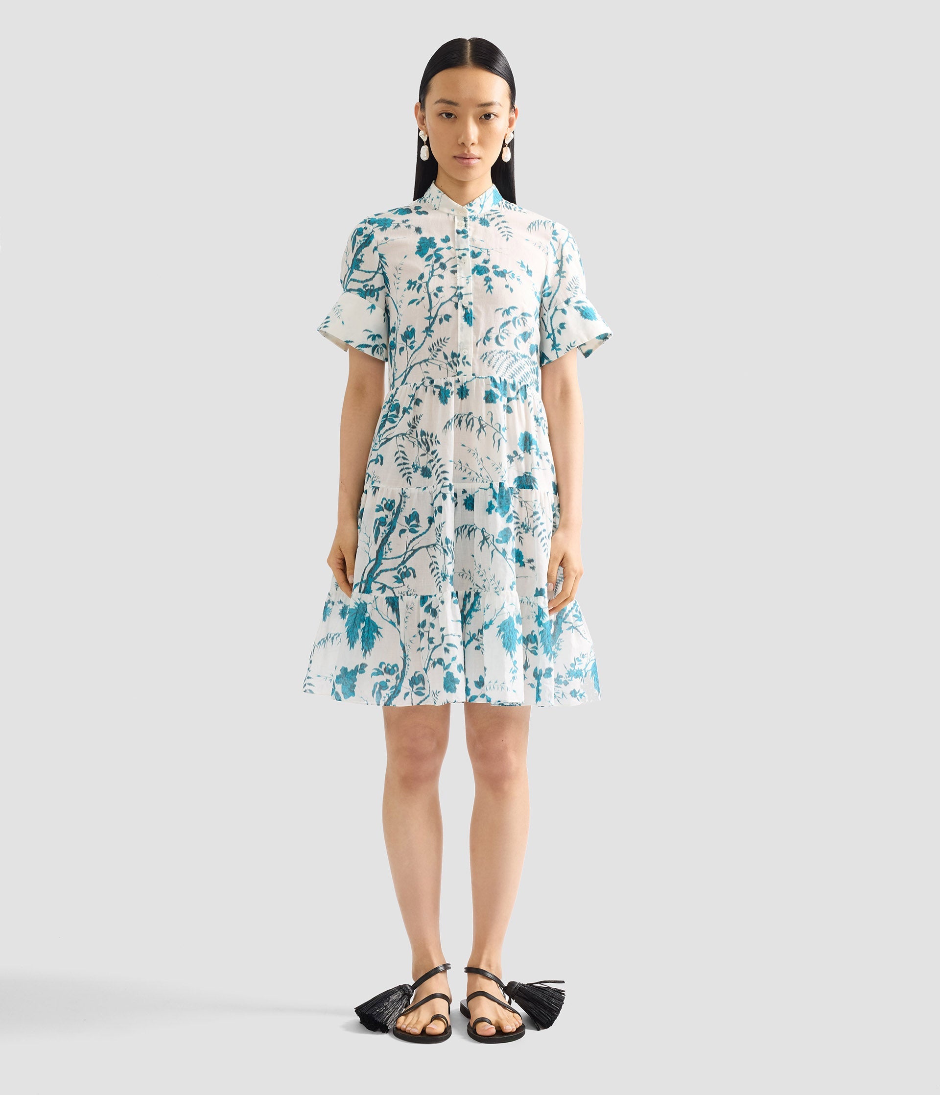 Botanical Print Cotton Linen Tiered Mini Dress