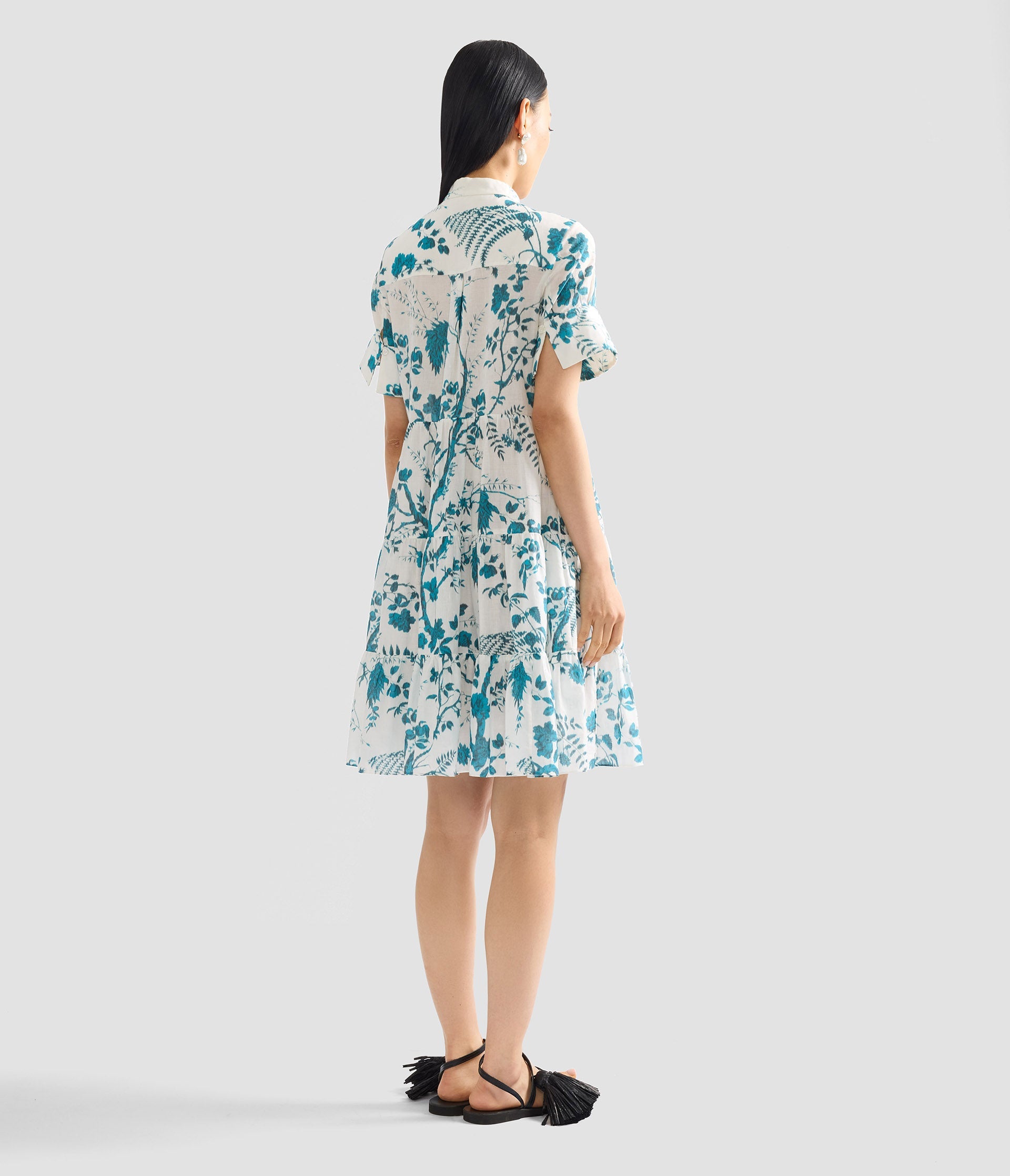 Botanical Print Cotton Linen Tiered Mini Dress