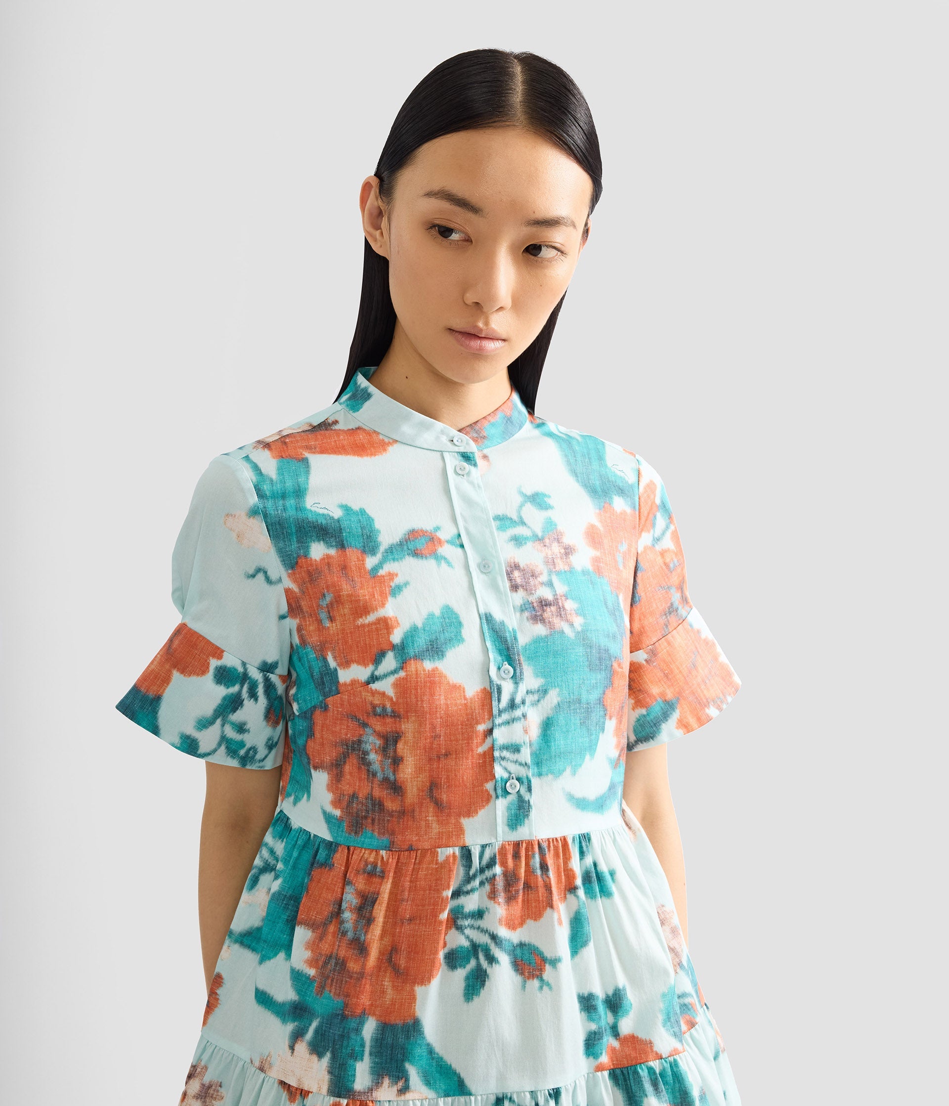 Floral Print Cotton Tiered Mini Dress