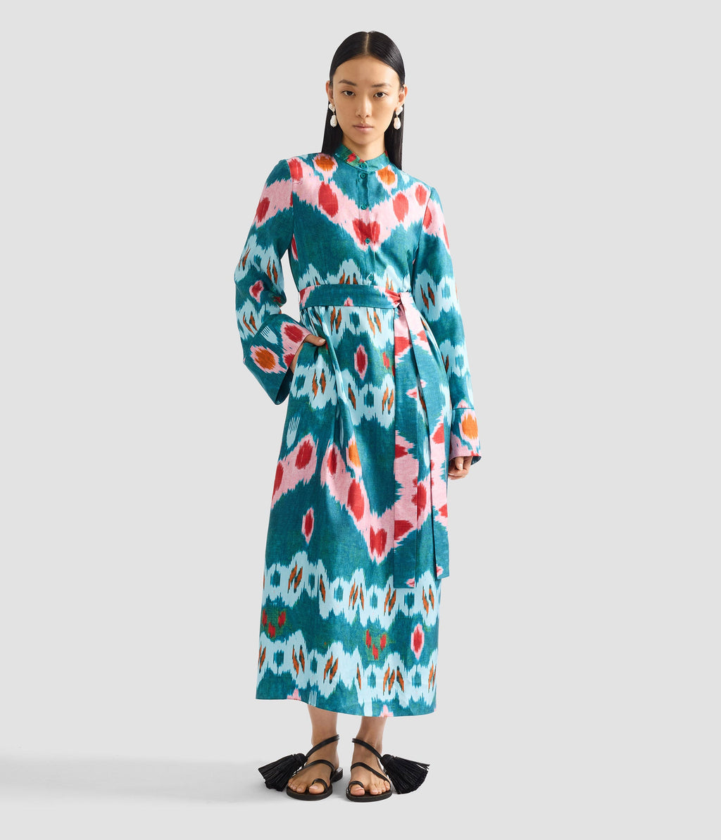 Ikat Print Silk Twill Midi Dress