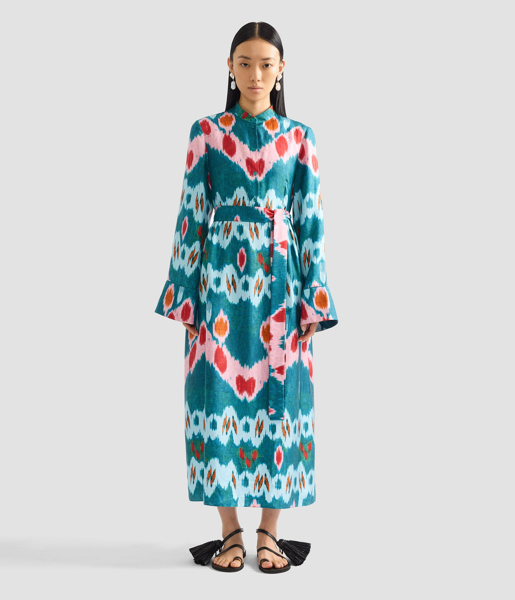 Ikat Print Silk Twill Midi Dress