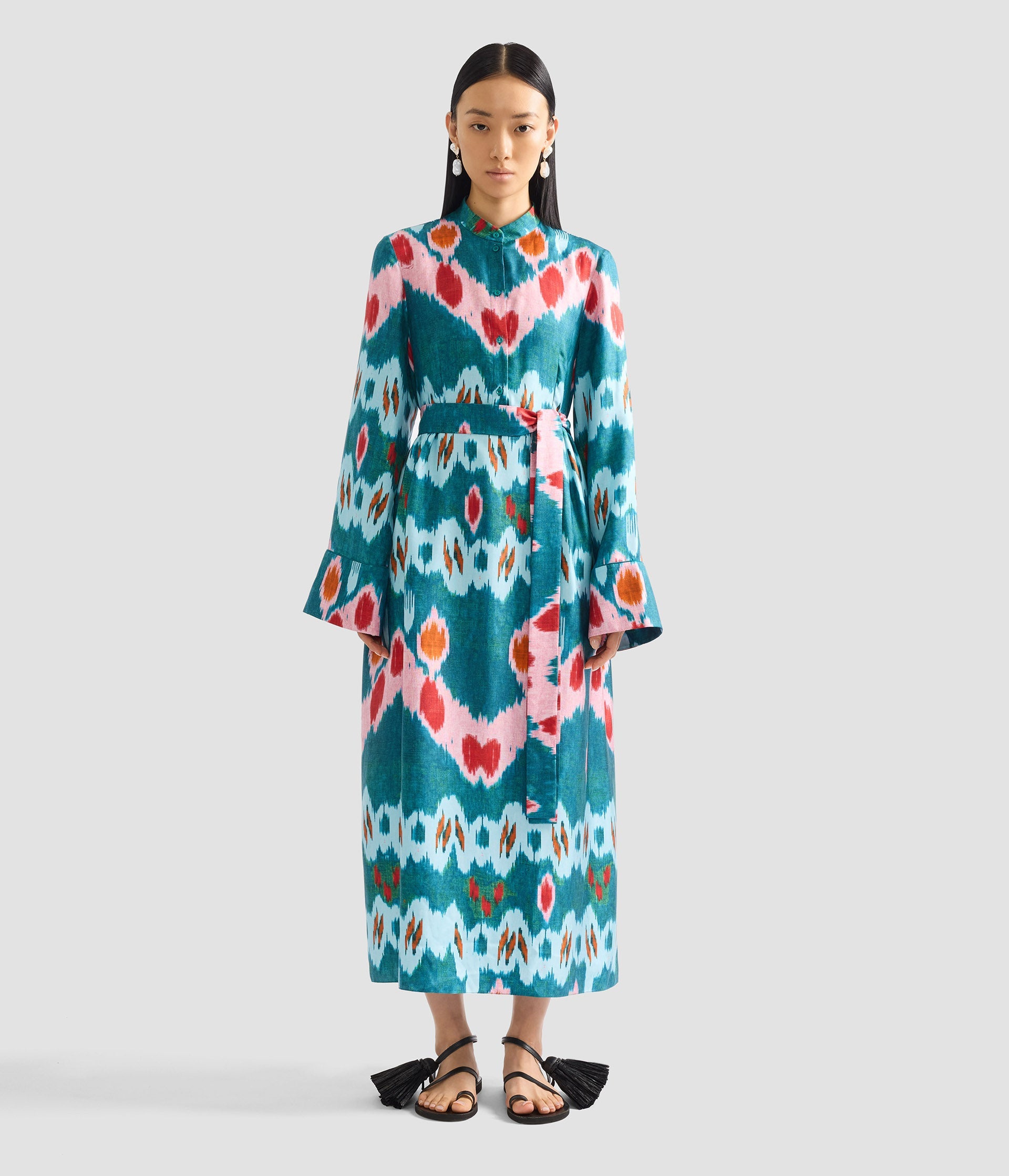 Ikat Print Silk Twill Midi Dress