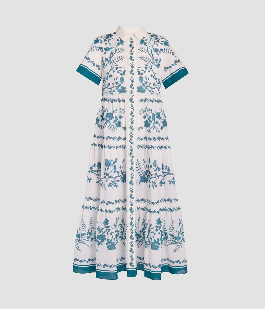 Botanical Print Cotton Linen Tiered Midi Shirt Dress
