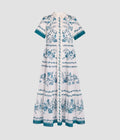 Botanical Print Cotton Linen Tiered Midi Shirt Dress