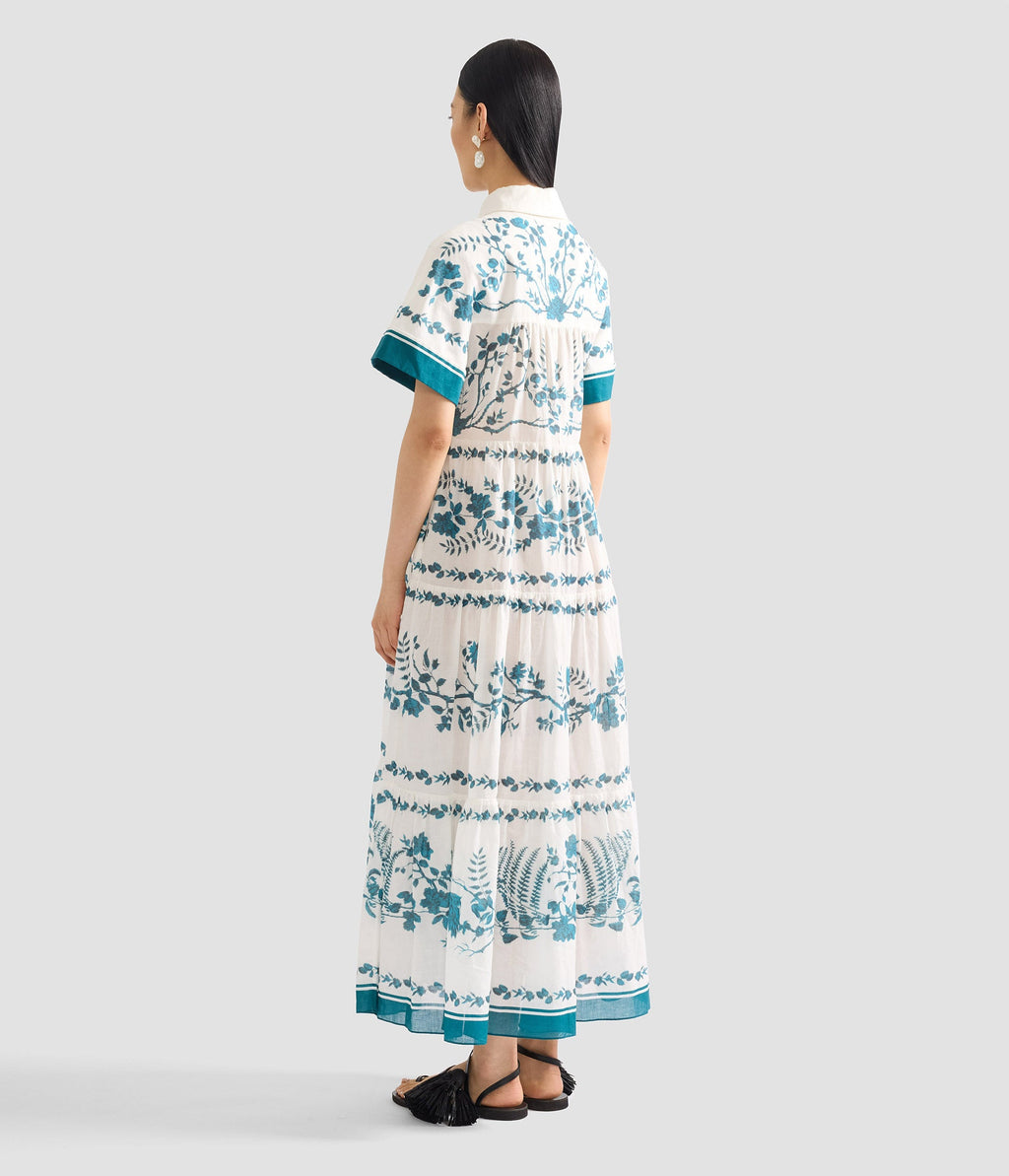 Botanical Print Cotton Linen Tiered Midi Shirt Dress