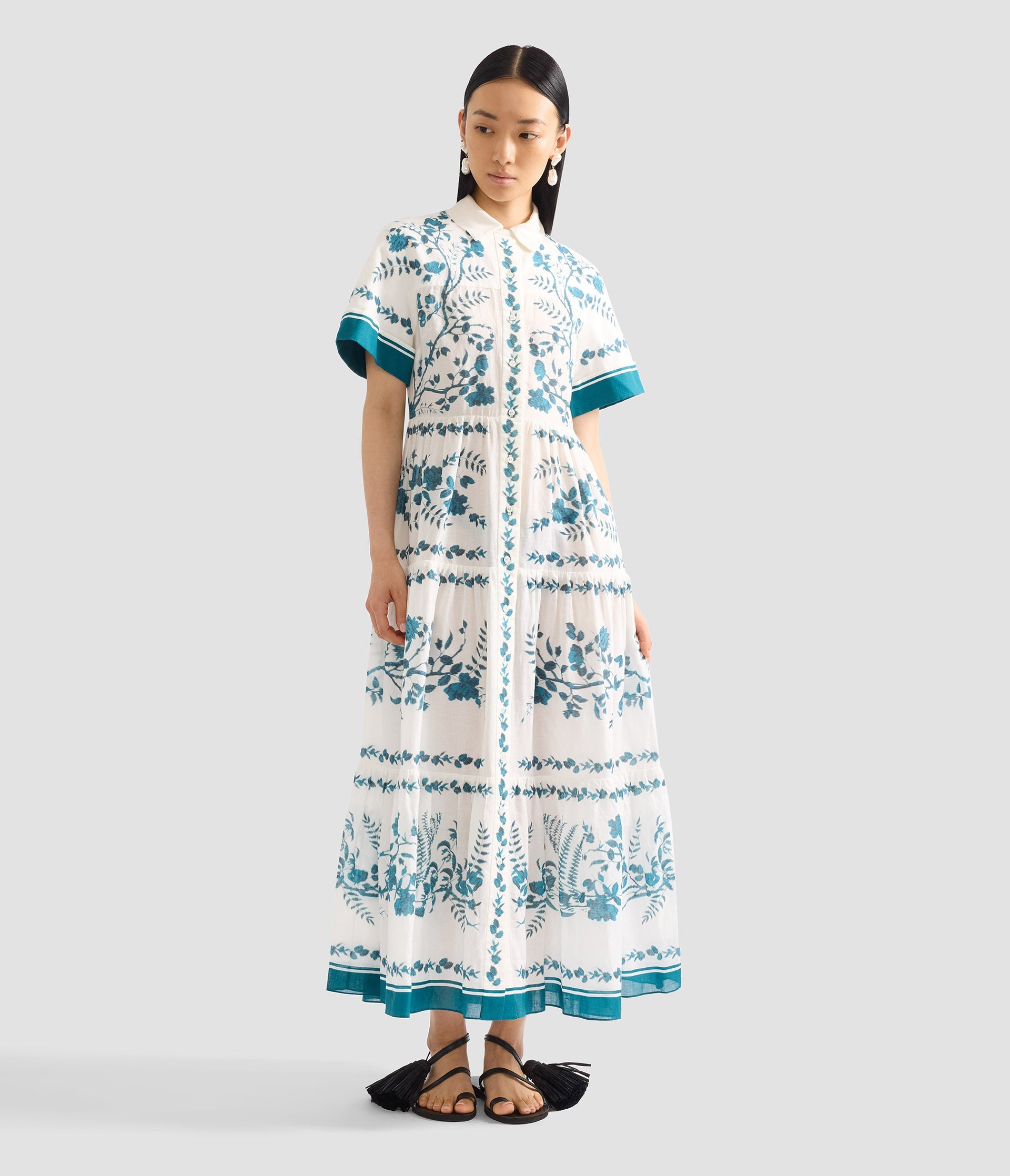 Botanical Print Cotton Linen Tiered Midi Shirt Dress