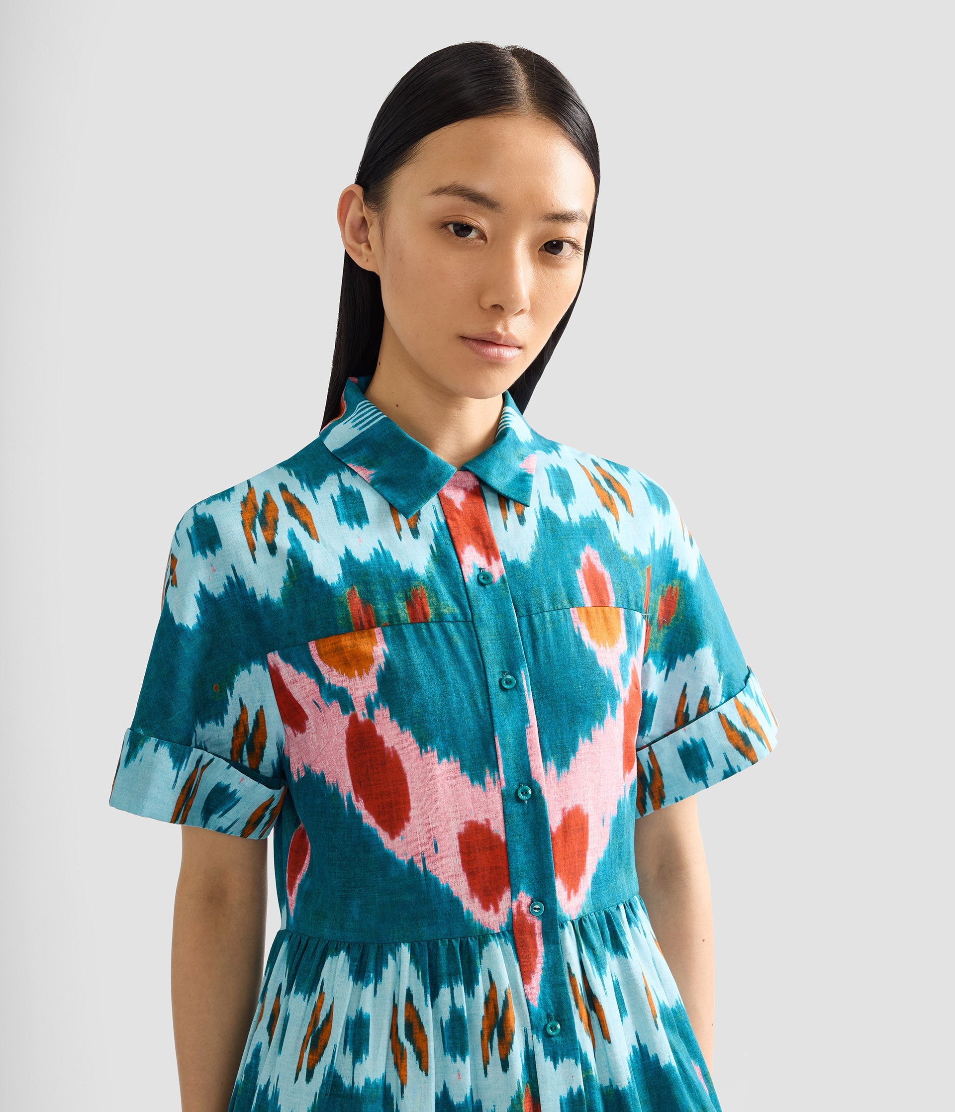 Ikat Print Cotton Tiered Midi Shirt Dress