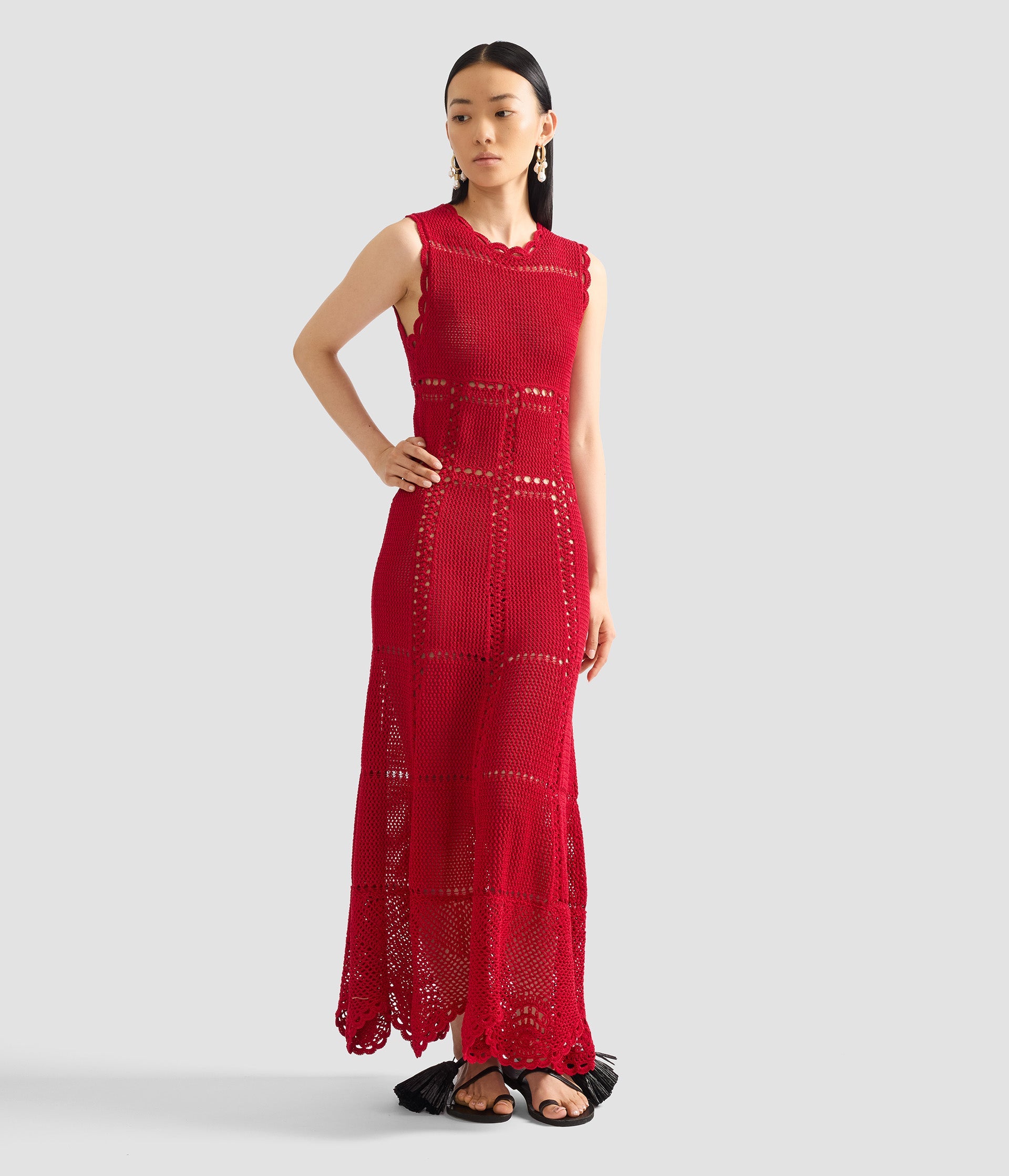 Cotton Crochet Flared Midi Dress
