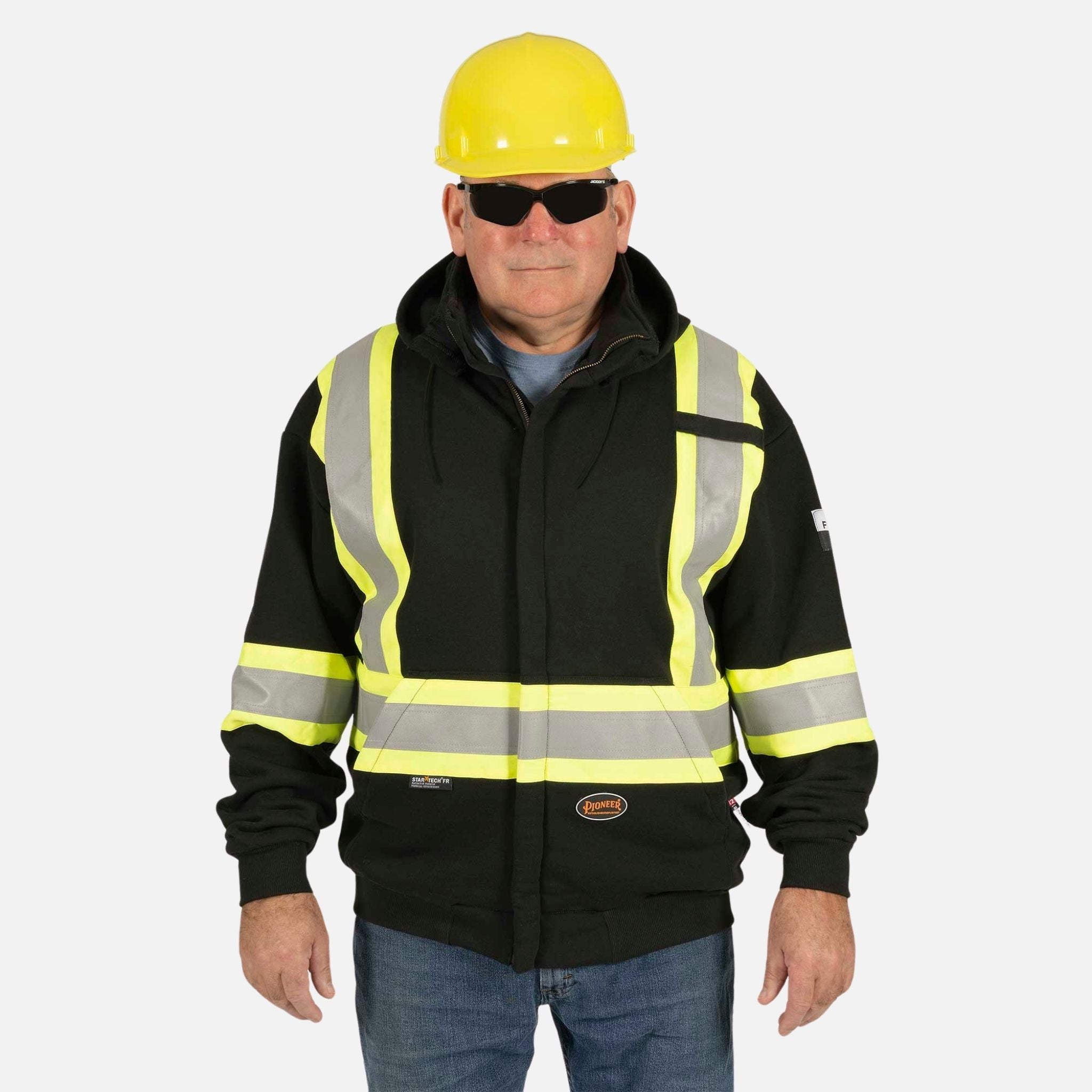 Veste à capuche ignifuge Surewerx Zip FR 400 GSM en noir, vêtement de sécurité et visibilité, vue de face.