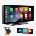 Digital image of a modern car stereo display unit showing vibrant app icons for Phone Music Maps and Calendar, with a complimentary rearview camera and compatibility indicated for Android Auto and Apple CarPlay