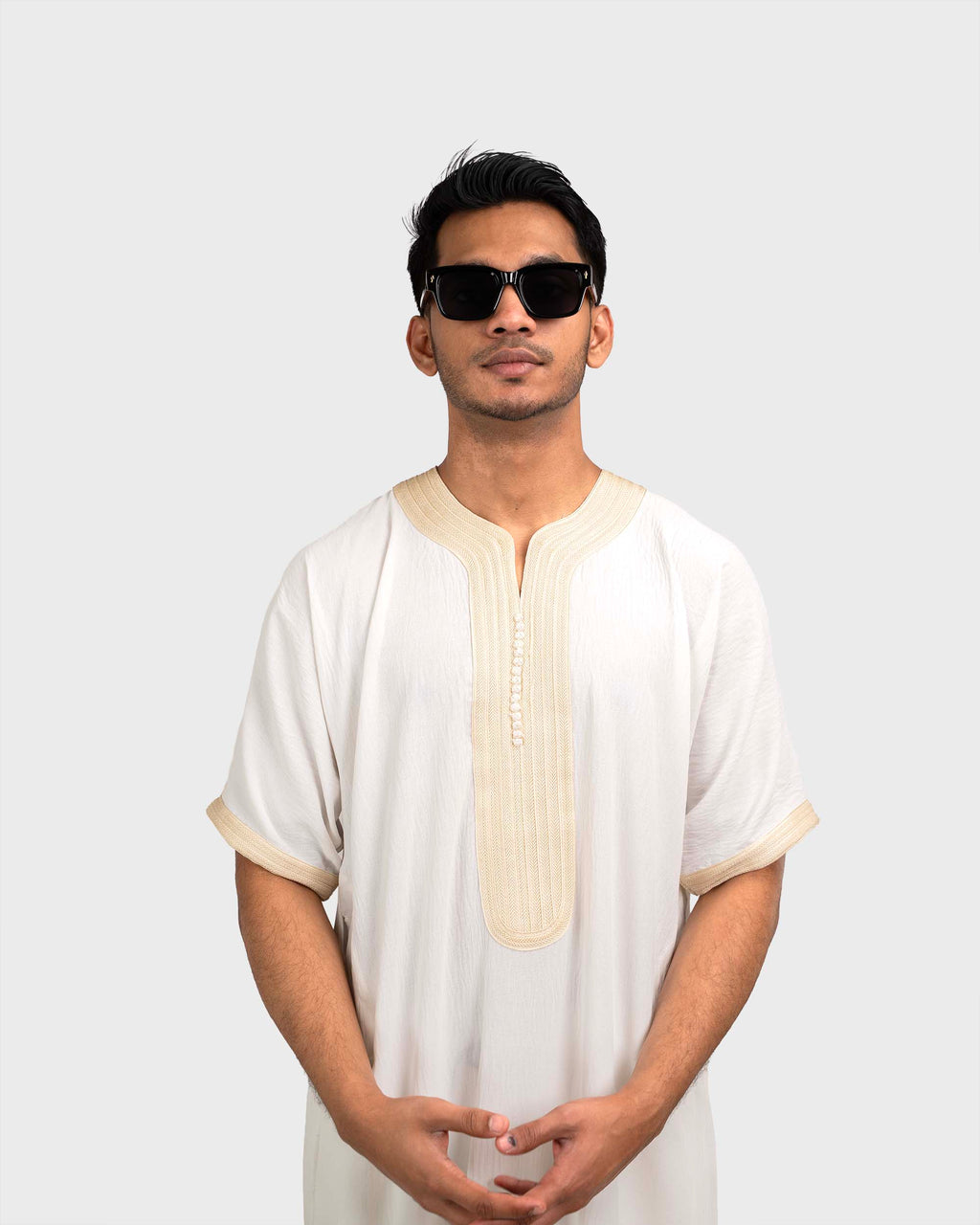 White Gold Moroccan Thobe for Men – Front View | Furqanwear Canada